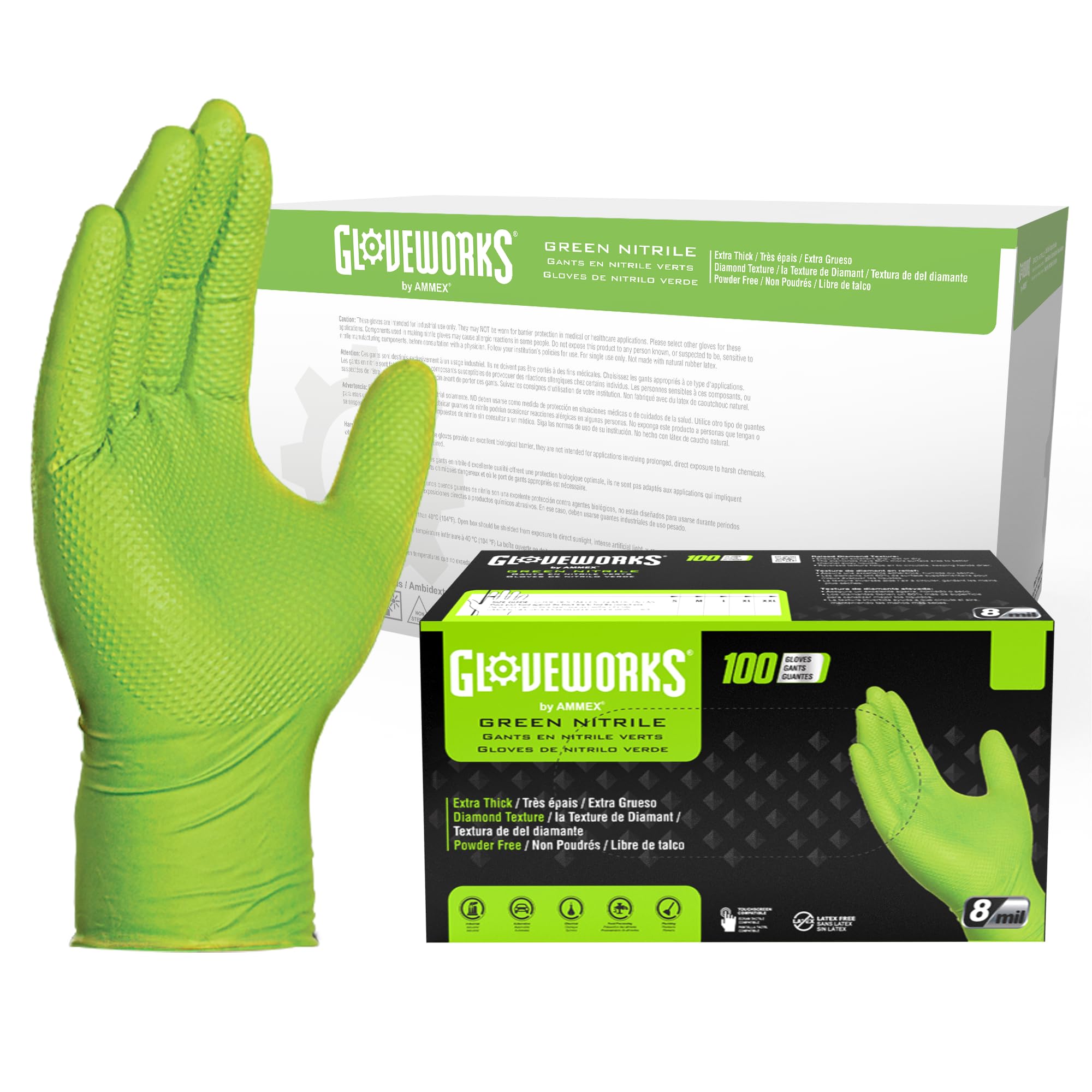 GLOVEWORKS HD Green Nitrile Disposable Gloves - 8 Mil Thick, Medium to XXL Sizes, Raised Diamond Grip for Enhanced Protection - Ideal for Medical, Laboratory, Cleaning, and Food Handling
