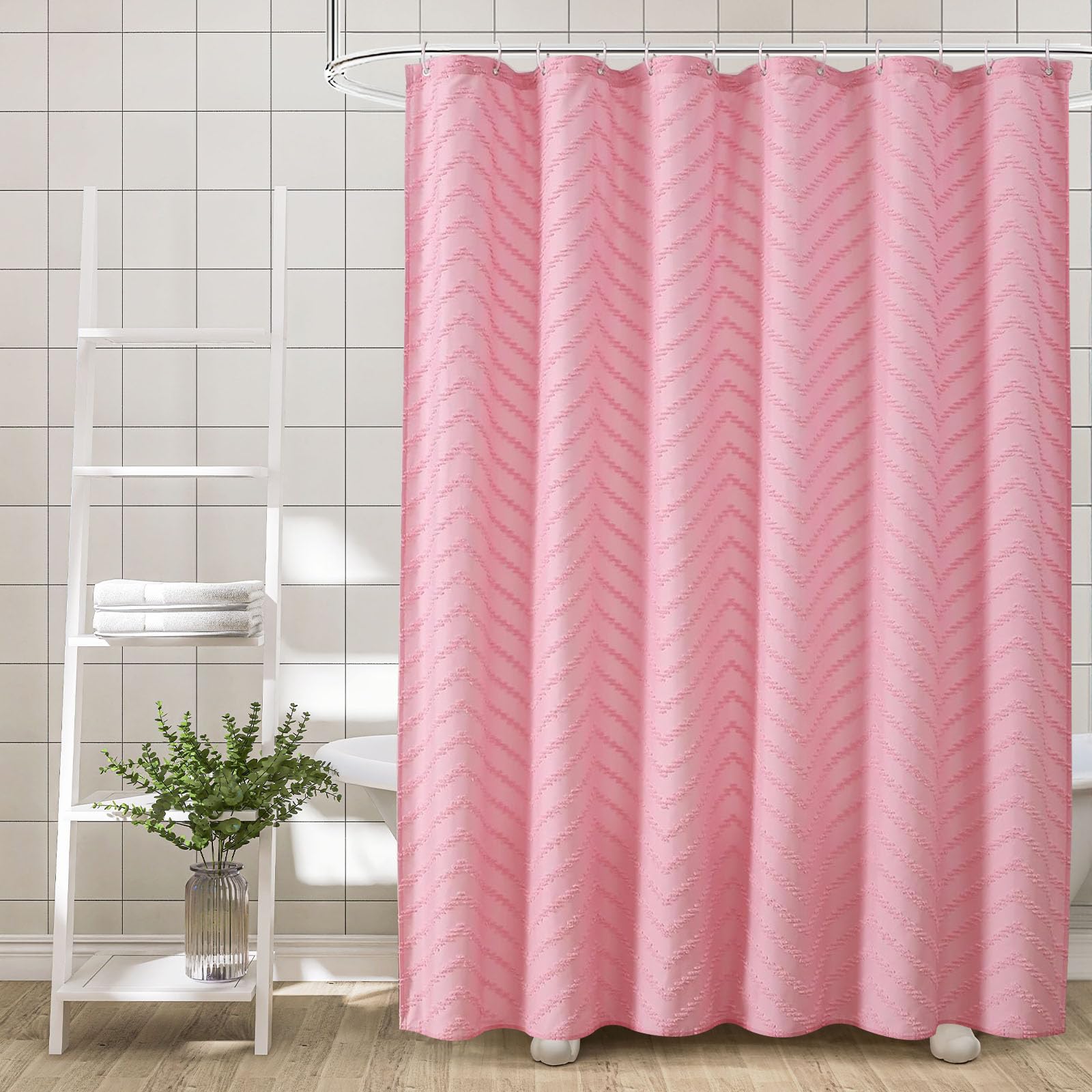 Pink Boho Shower Curtain - Tufted Chevron Textured Bathroom Decor, Modern Minimalist Striped Design, 72x72 Inches - Perfect for Boho Chic, Farmhouse & Modern Bathrooms