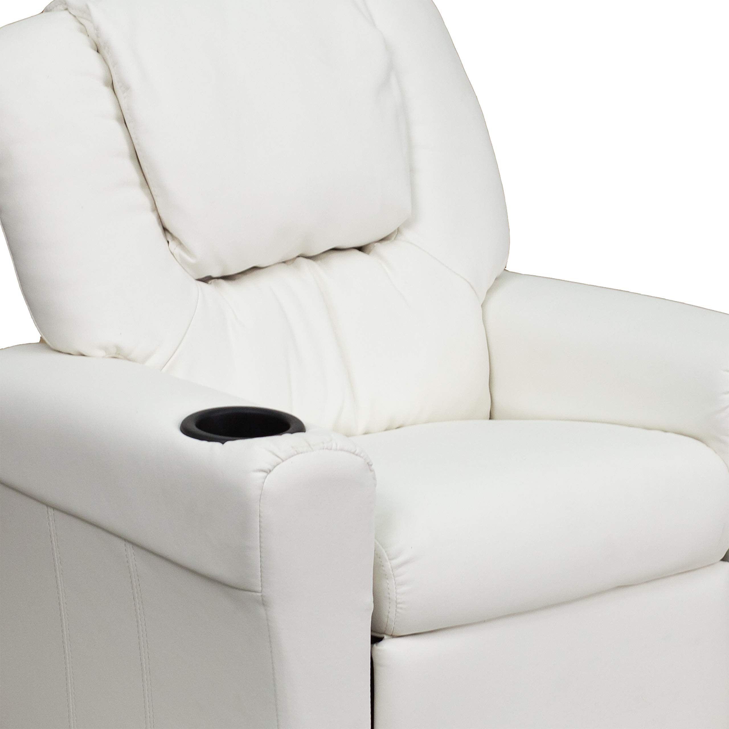 Comfortable White Vinyl Kids Recliner with Cup Holder & Headrest - Perfect for Playrooms, Bedrooms & Movie Nights