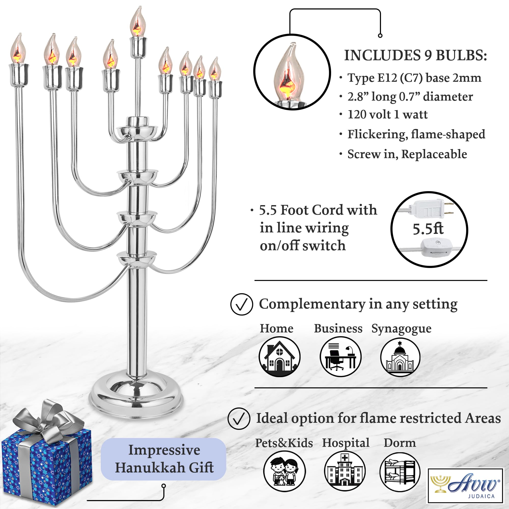 Large Electric Menorah for Hanukkah - 9-Branch Chrome Plated Hanukiah with Flickering LED Bulbs to Simulate Real Candles - Electronic Hanukkah Menorah for Home, Synagogue & Holiday Decorations