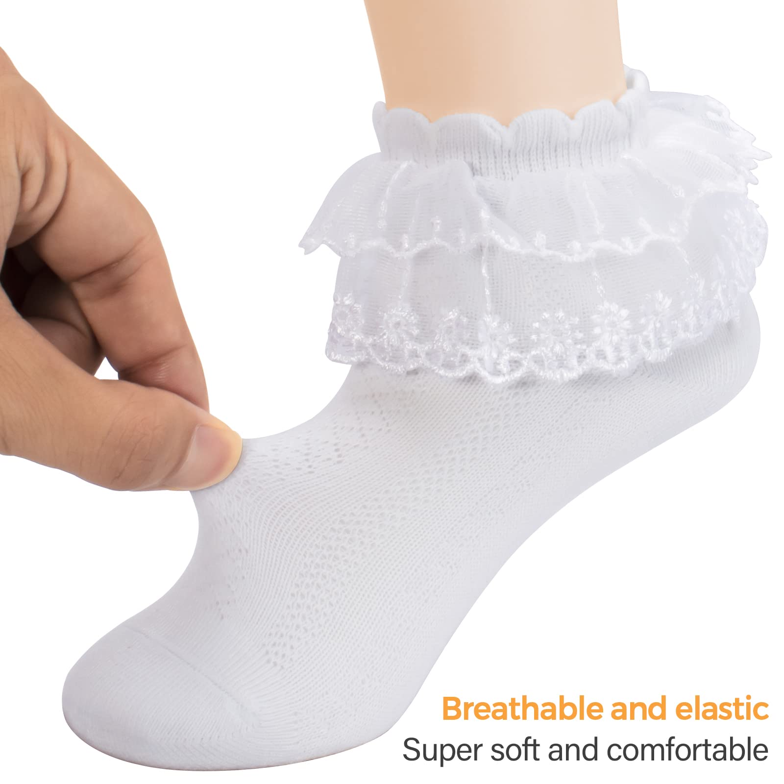 4/5 Pairs Baby Toddler Girls Ruffle Lace Socks - Eyelet White Princess Cotton Cute Frilly Dress Socks for Kids 1-9T - Perfect for Parties, Weddings & Special Occasions