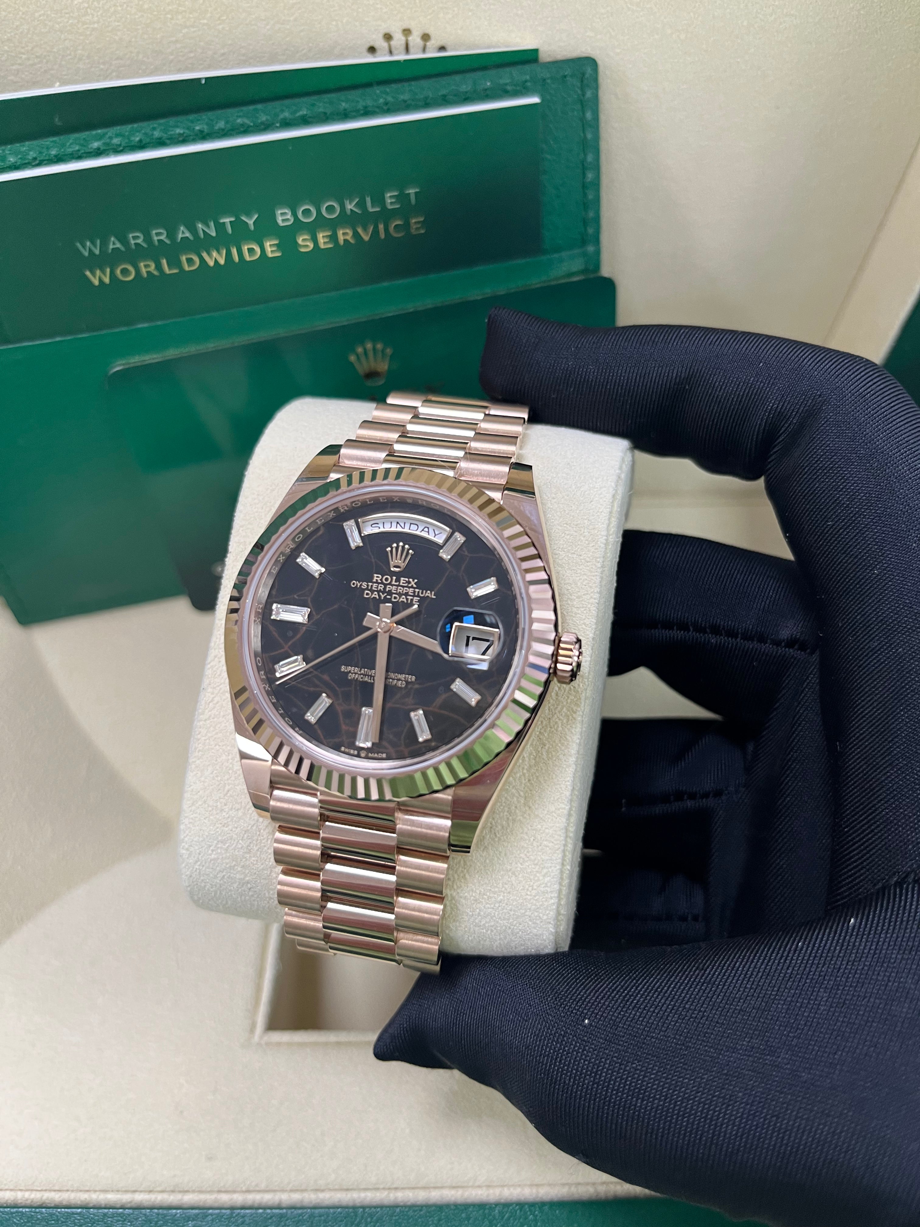 Rolex Day Date 40 Watch - 18K Rose Gold Fluted Bezel, Eisenkiesel Diamond Dial, President Bracelet 228235 - Luxury Dress Watch for Men, Perfect for Business & Formal Occasions