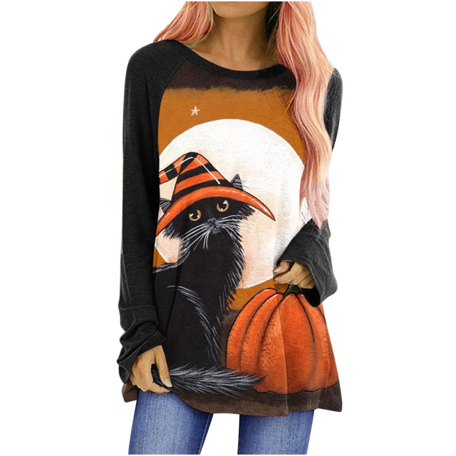 Halloween Cat T-Shirts for Women - Long Sleeve Graphic Tee, Loose Fit Crewneck Tunic Top | Casual Halloween Outfit, Costume Party, Spooky Season Fashion