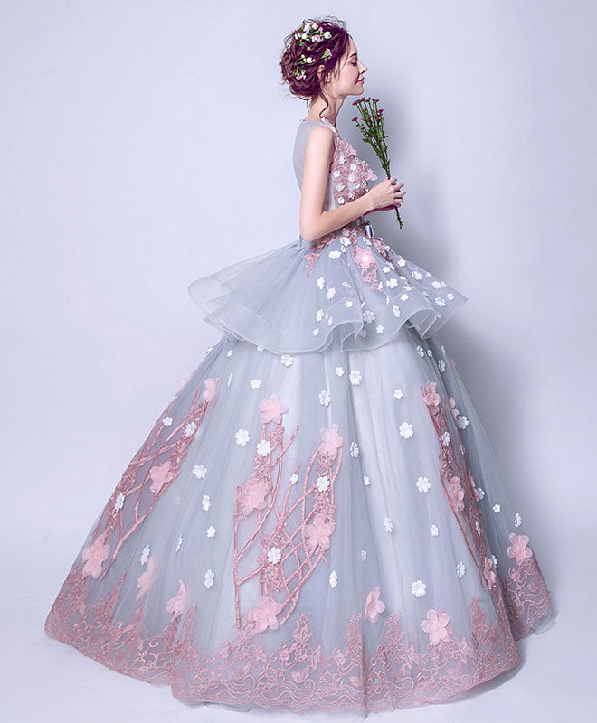 Elegant Gray Round Neck Tulle Lace Long Prom Dress for Evening Gala & Formal Events - Perfect for Homecoming, Wedding Guest, and Special Occasions