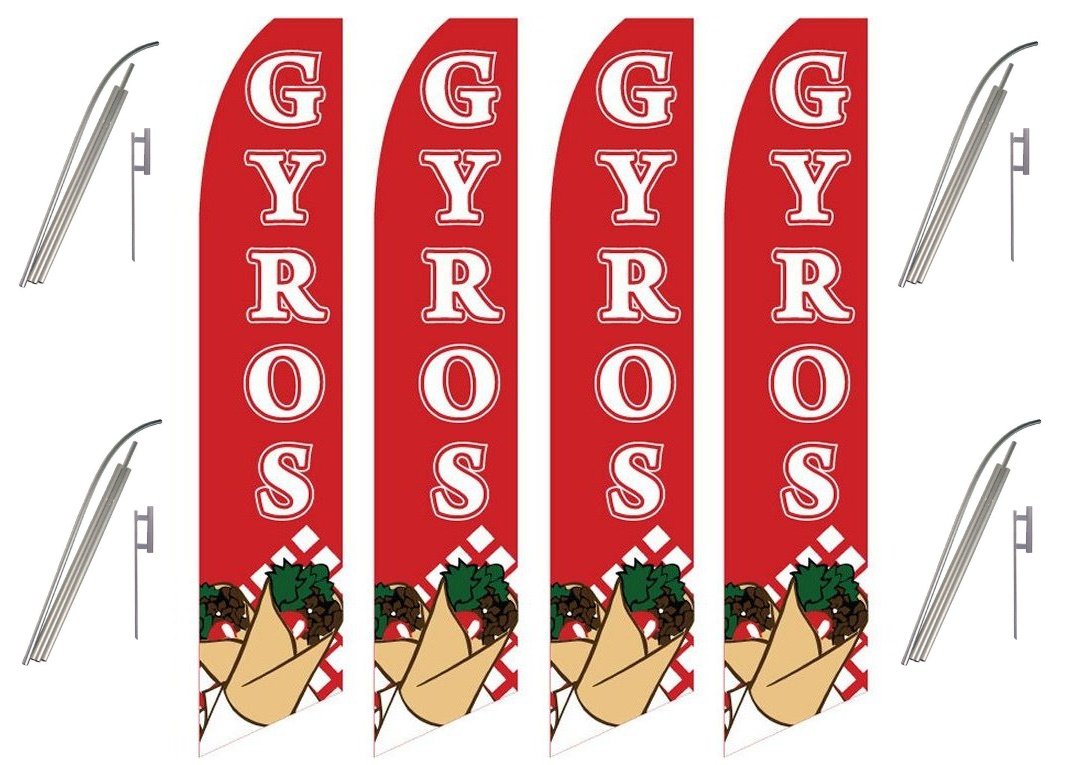 4 Pack Red & White Swooper Flags with Gyro Image - Complete Flag Pole Kit for Sports Events, Tailgating, and Outdoor Decor