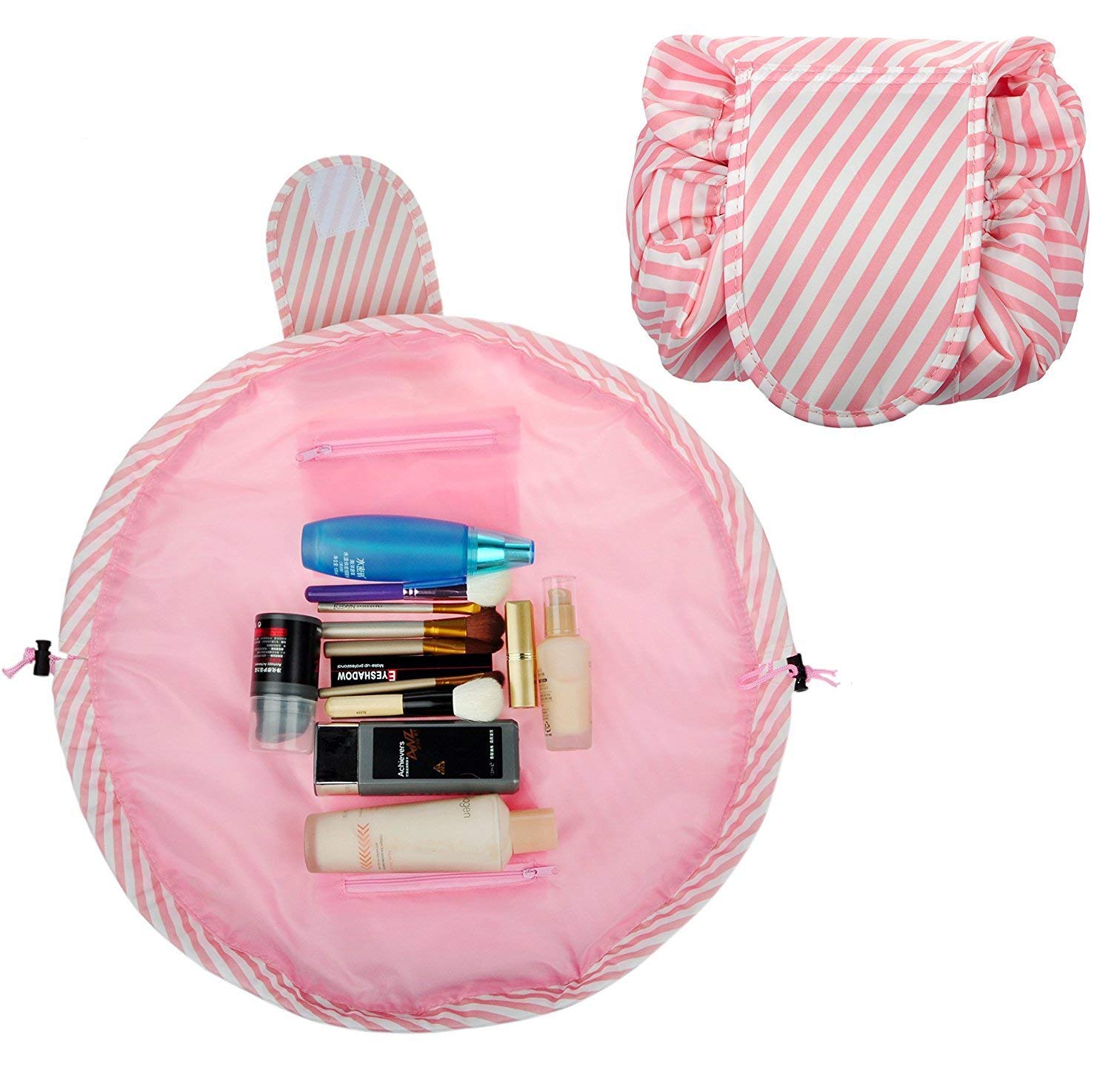 Favria Drawstring Makeup Bag - Portable Travel Cosmetic Pouch for Toiletries & Beauty Essentials, Multifunctional Storage Organizer (Pink Stripes) - Perfect for Travel, Gym, Beach & Daily Use