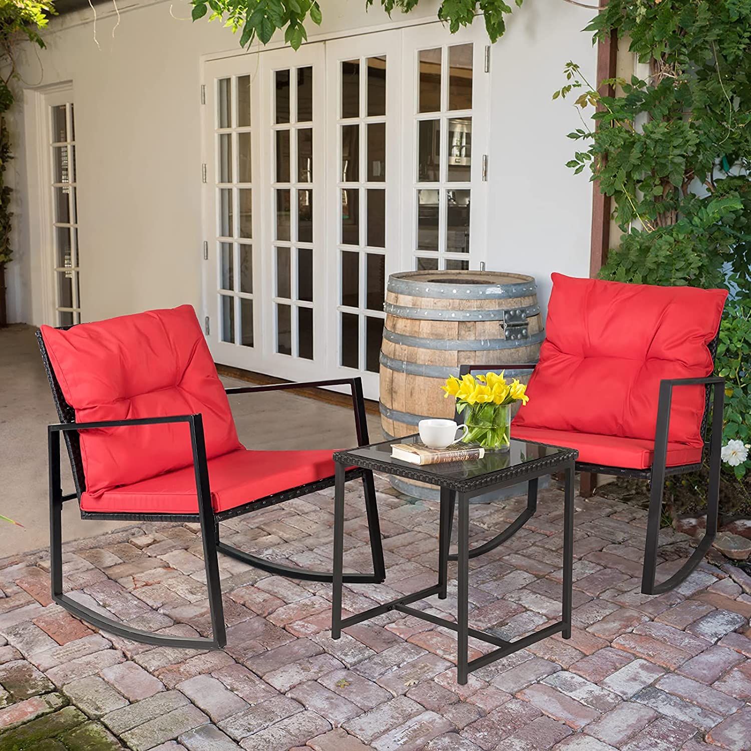 SUNCROWN 3-Piece Outdoor Rocking Chair Set - Patio Wicker Rattan Bistro Furniture with Cushions & Glass Coffee Table (Red) - Perfect for Garden, Backyard, Porch Relaxation & Conversation Areas