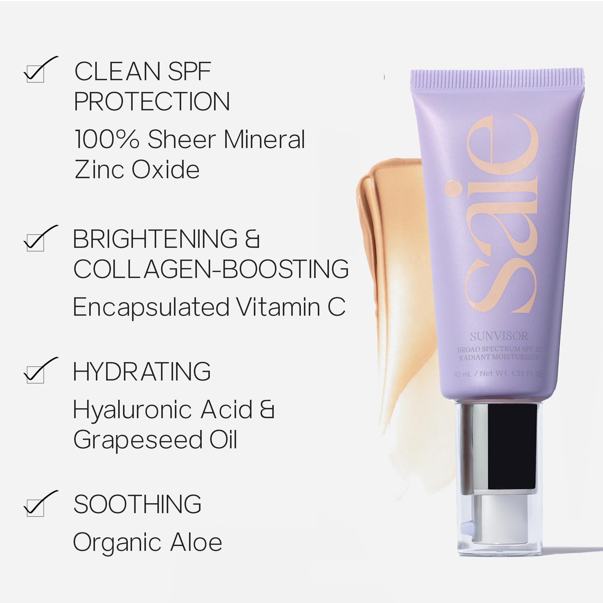 Saie Sunvisor Broad Spectrum SPF 35 Mineral Sunscreen - Hydrating Daily Face Sunscreen with Zinc Oxide, Hyaluronic Acid & Vitamin C for Dewy Skin | 1.35 fl oz | Perfect for Beach Days, Outdoor Activities & Daily Sun Protection