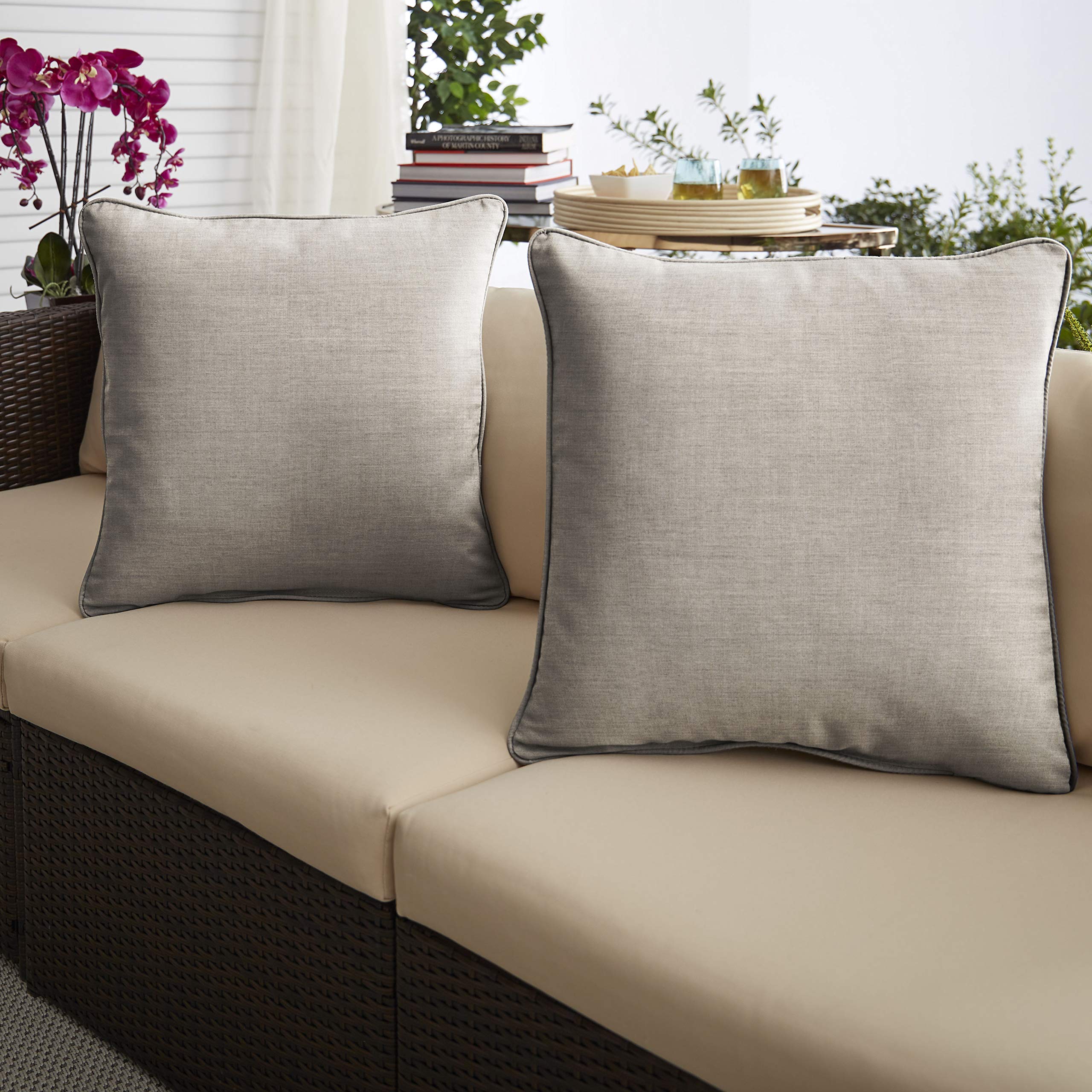 Sorra Home x Sunbrella Cast Silver Indoor Outdoor Corded Pillow Set of 2 - Waterproof & UV Resistant Cushions for Patio, Poolside, and Living Room Decor