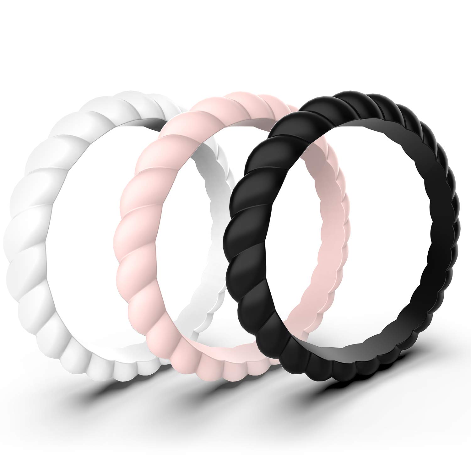 Zollen 12 Pack Thin Braided Silicone Wedding Rings for Women - Hypoallergenic Rubber Stackable Bands for Active Lifestyle, Gym, Swimming & Outdoor Activities