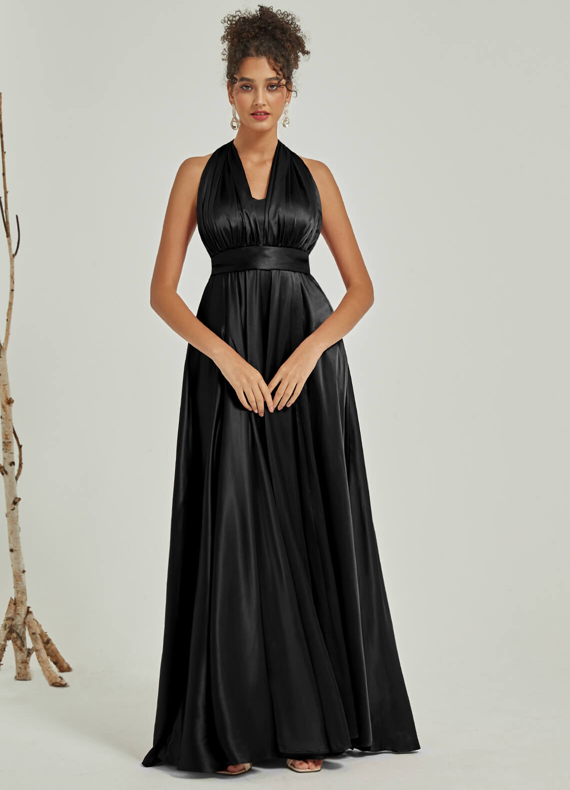 Elegant Black Satin Convertible Bridesmaid Dress - Multi-Way Wrap A-Line Gown for Weddings, Parties & Special Occasions