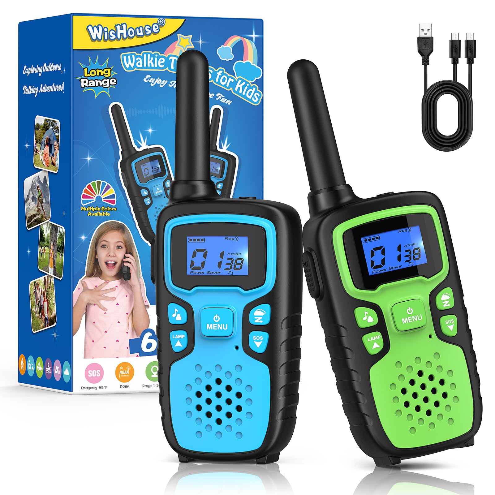 Wishouse Kids Walkie Talkies - Rechargeable Long Range 2-Way Radios with NOAA Weather Alert, SOS Siren & Flashlight - Perfect Christmas Birthday Gift for Boys Girls Ages 4-9 - Great for Hiking, Camping, Outdoor Adventures & Family Games (2 Pack)