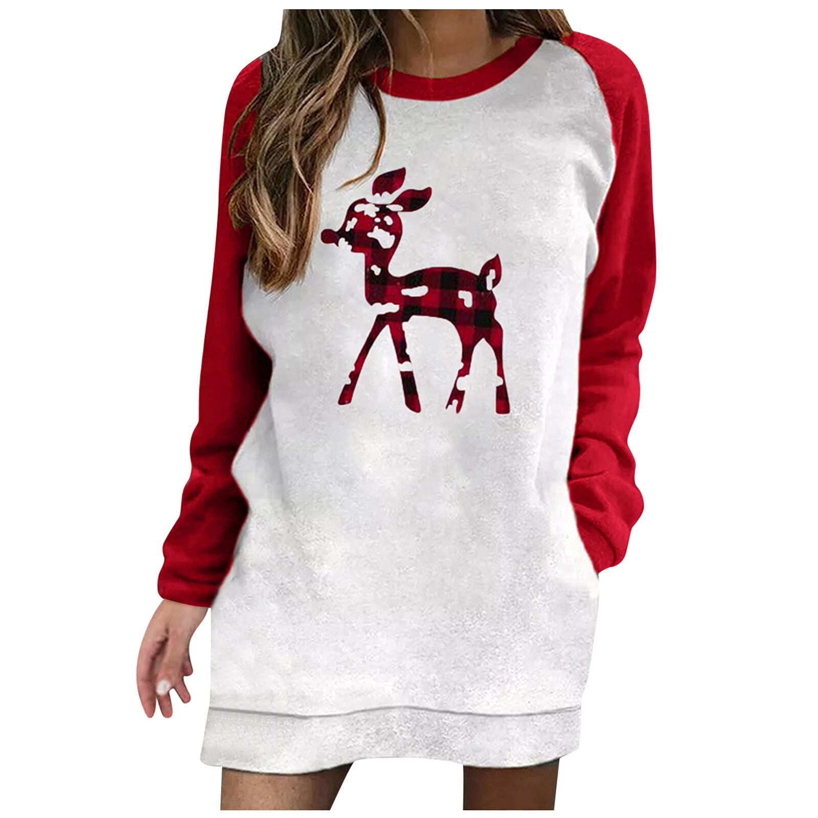 iZZZHH Women's Christmas Long Sleeve Round Neck Sweatshirt Dress - Red & White Loose Maxi Dress for Holiday Party, Winter Fashion, Casual Fall Outfits & Cozy Seasonal Wear