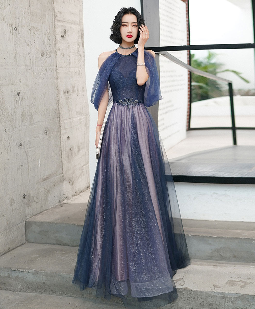 Elegant Blue Tulle Sequin Long Prom Dress for Women - Formal Evening Gown for Homecoming, Ball, and Special Occasions