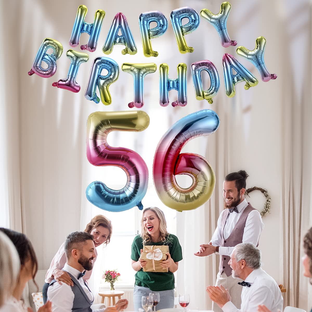 Happy Birthday 56th Party Decorations - 40 Inch Rainbow Gradient Foil Number 56 Banner & Balloons Set for Men & Women - Perfect for Milestone Birthdays, Anniversaries, and Special Celebrations