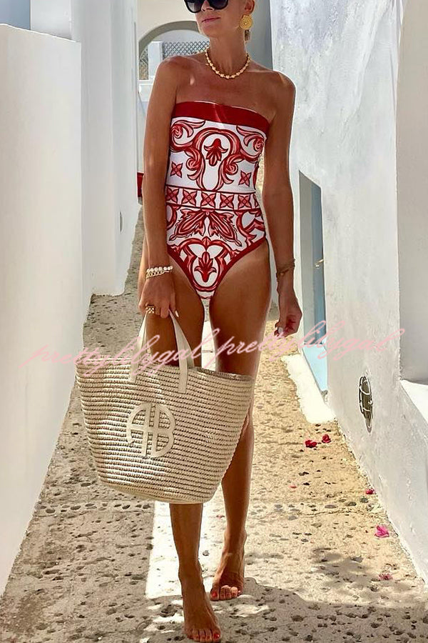 Summer Lovin Unique Royal Print Strapless One Piece Swimsuit with Pareo - Stretchy Bathing Suit for Women, Beach Vacation & Pool Party Outfit