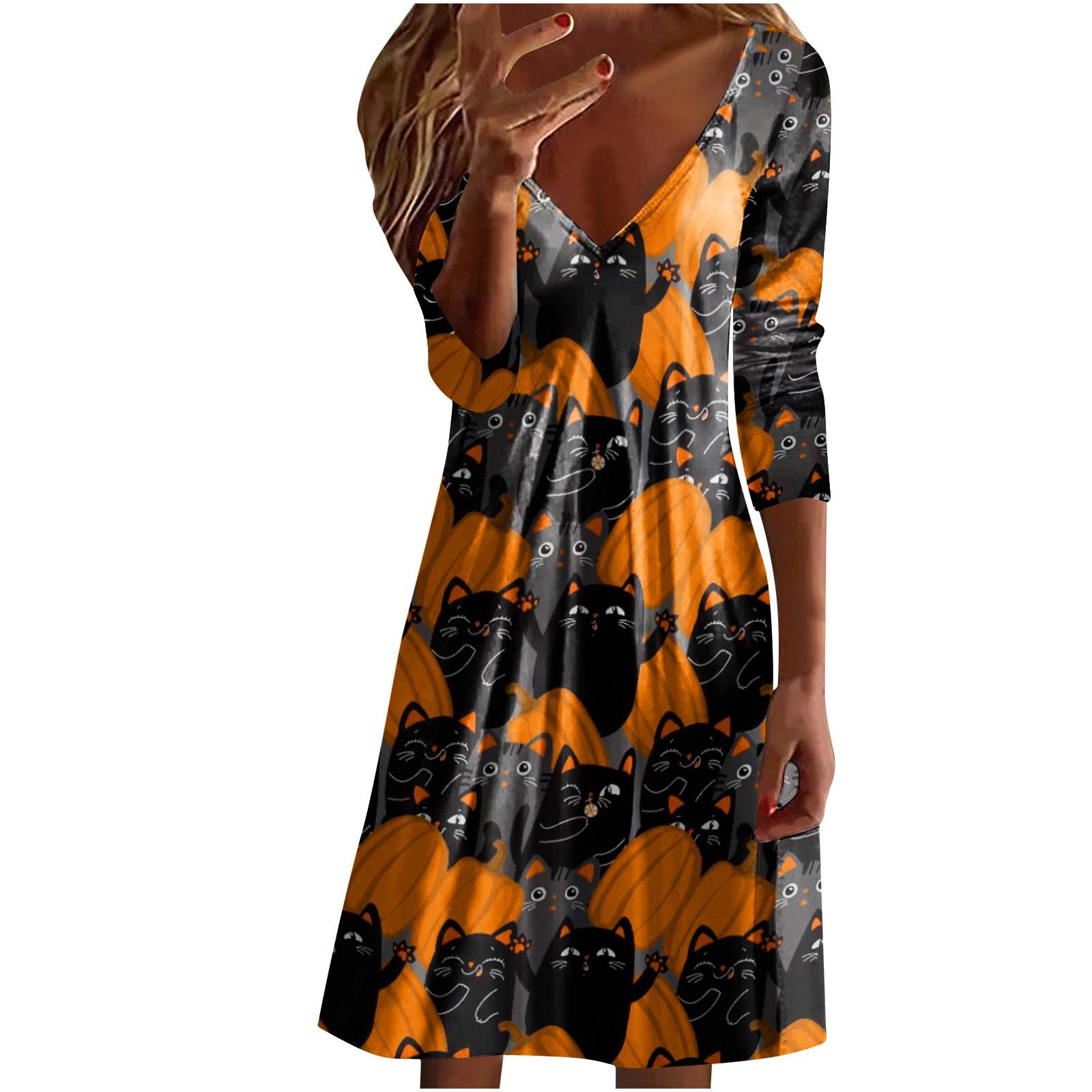Women's Long Sleeve V-Neck Pumpkin Print T-Shirt Dress - Regular Fit Casual Fall Dress for Women | Perfect for Autumn Outings, Thanksgiving Gatherings & Cozy Seasonal Style