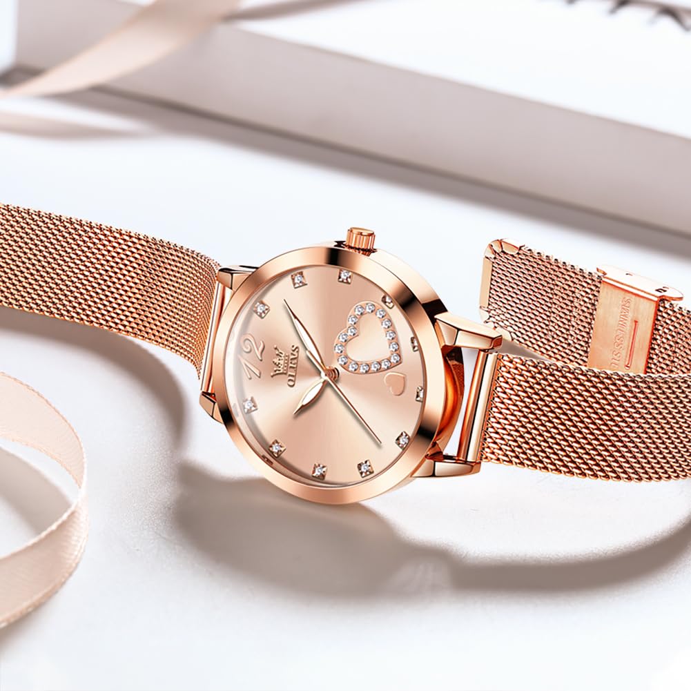 OLEVS Women's Rose Gold Minimalist Analog Quartz Watch with Bracelet Set - Slim Casual Dress Wristwatch, Waterproof Two-Tone for Ladies - Perfect for Everyday Wear, Office, and Special Occasions