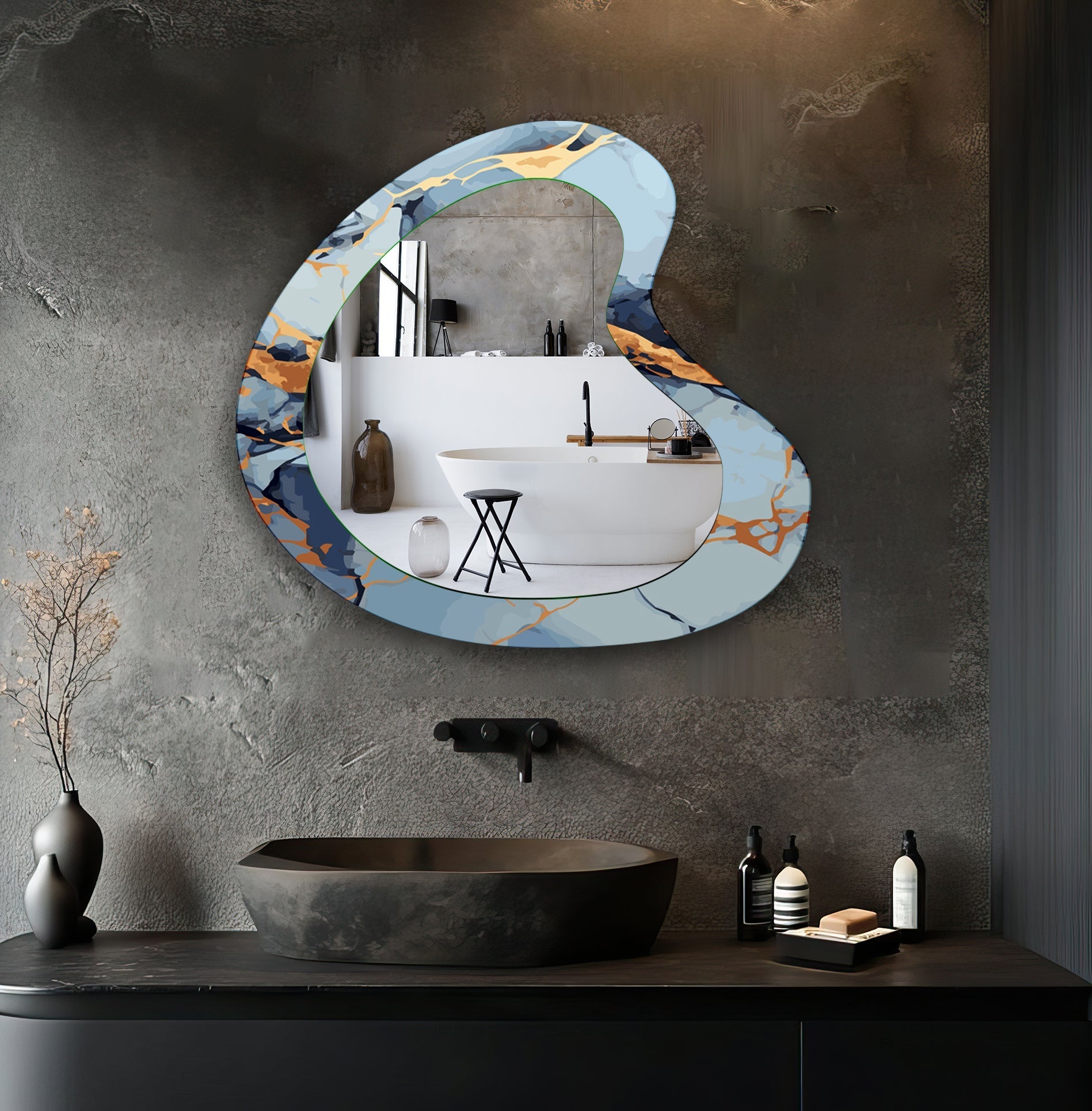 Blue Marble Irregular Decorative Wall Mirror - Modern Abstract Bathroom & Living Room Accent Piece for Home Decor