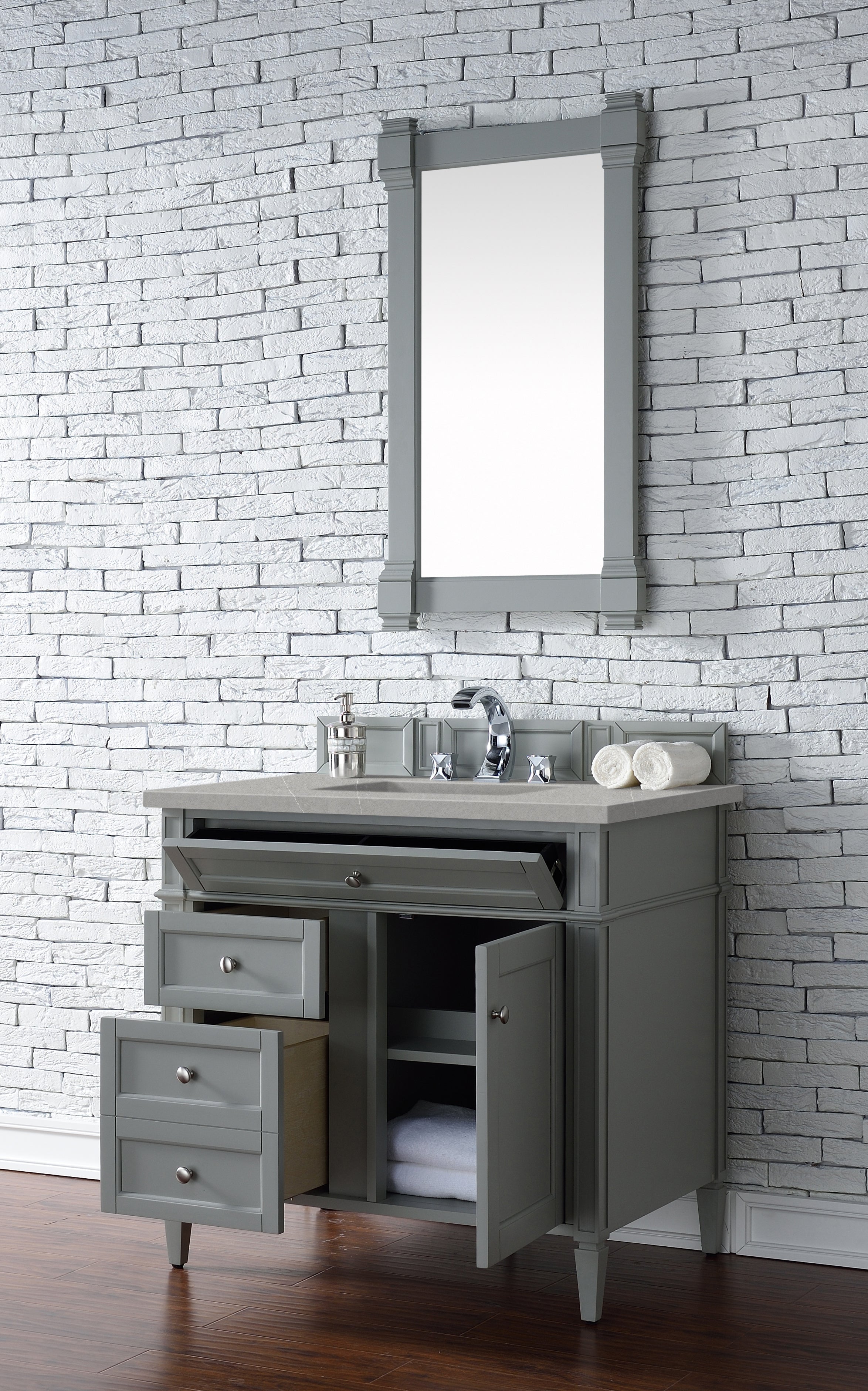 Brittany 36-Inch Urban Gray Bathroom Vanity with 3CM Eternal Serena Quartz Top - Modern Single Sink Vanity for Small Bathrooms & Powder Rooms