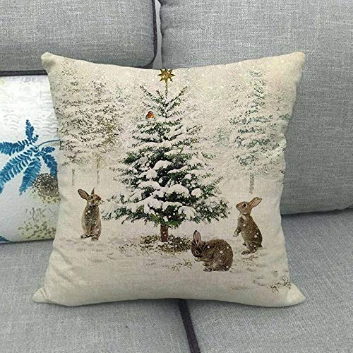 18x18 Aesthetic Linen Pillow Covers Set of 4 - Winter Rustic Farmhouse Decor with Snowy, Xmas Tree, Reindeer, Angel & Rabbit Prints - Decorative Throw Pillow Cases for Couch, Sofa, Seating Bench & Home Decor - Perfect for Christmas, Living Room & Cozy Winter Styling