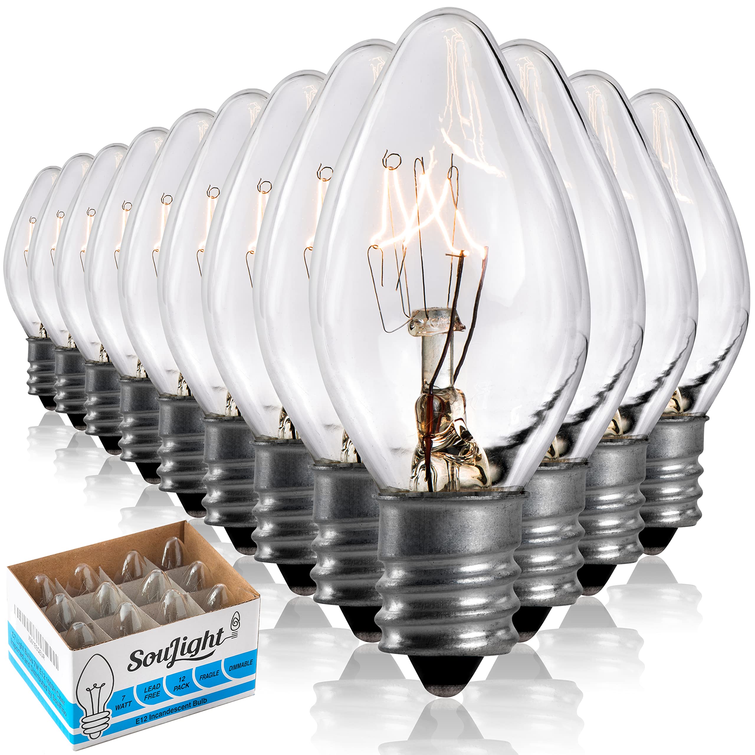 7 Watt Night Light Bulbs - 12 Pack Clear Glass Salt Lamp Bulbs, C7 E12 Candelabra Base, 120V 45 Lumen Incandescent Bulbs for Himalayan Salt Lamps, Bedroom, Nursery & Home Decor
