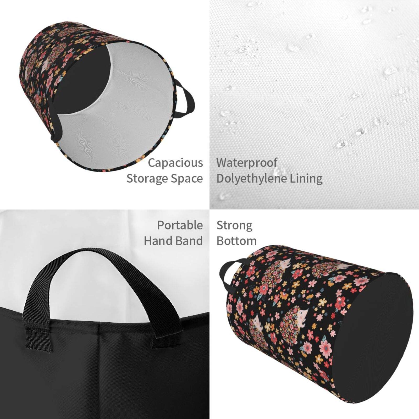 Stylish Black Collapsible Laundry Basket with Cute Hedgehog & Flower Design - Waterproof Fabric Hamper with Handles for Clothes, Toys Storage - Perfect for Bedroom, Bathroom & Kids Room Organization