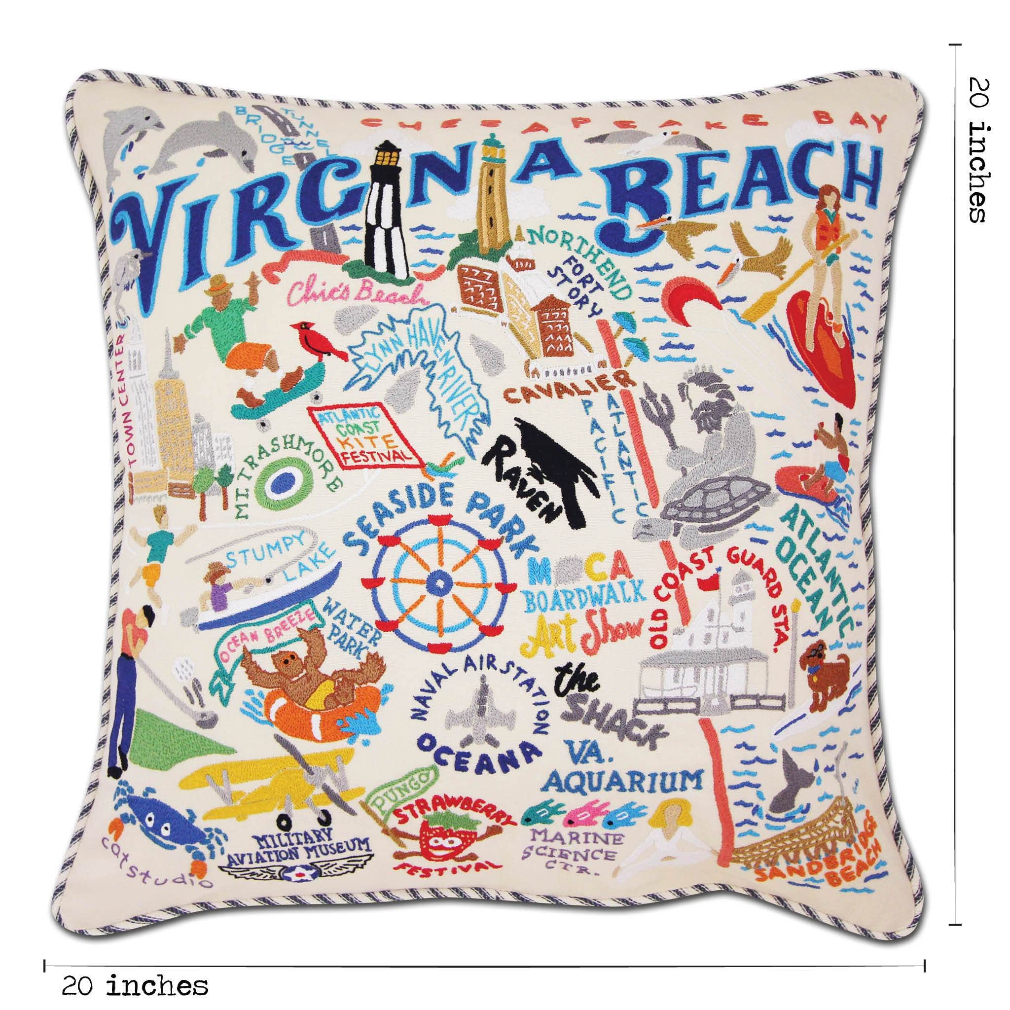 Catstudio Virginia Beach Embroidered Decorative Throw Pillow - Coastal Home Decor Accent for Sofa, Bed & Porch