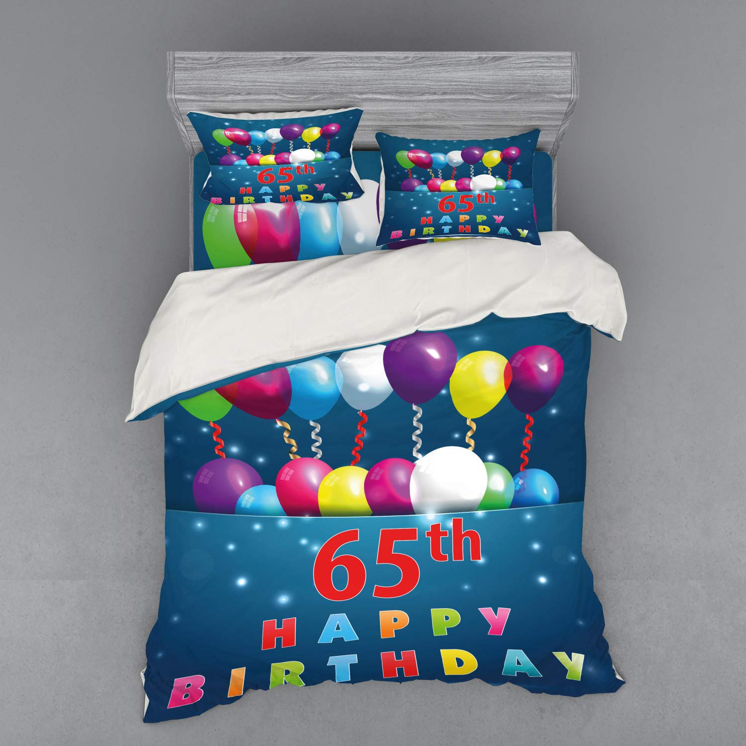 Ambesonne 65th Birthday Duvet Cover Set - Colorful Balloon Design 4-Piece Bedding Set with Shams & Fitted Sheet, Queen Size Multicolor - Perfect for 65th Birthday Surprise, Anniversary Gifts & Bedroom Decor