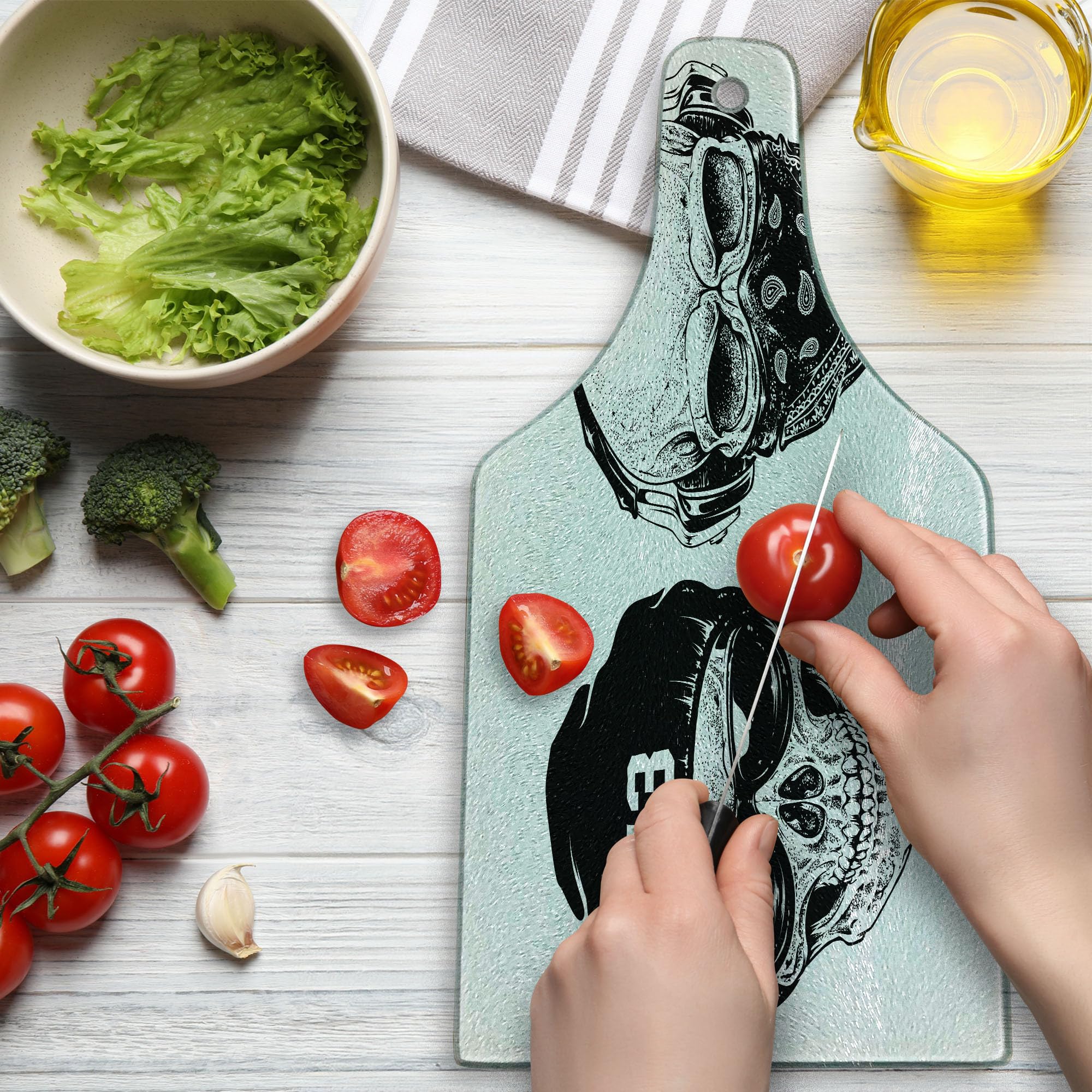 Ambesonne Skull Cutting Board - Black & White Tempered Glass Serving Board with Grunge Print | Wine Bottle Shape for Kitchen, Party & Bar Use | Funny Skull Band Design for Home Decor & Entertaining