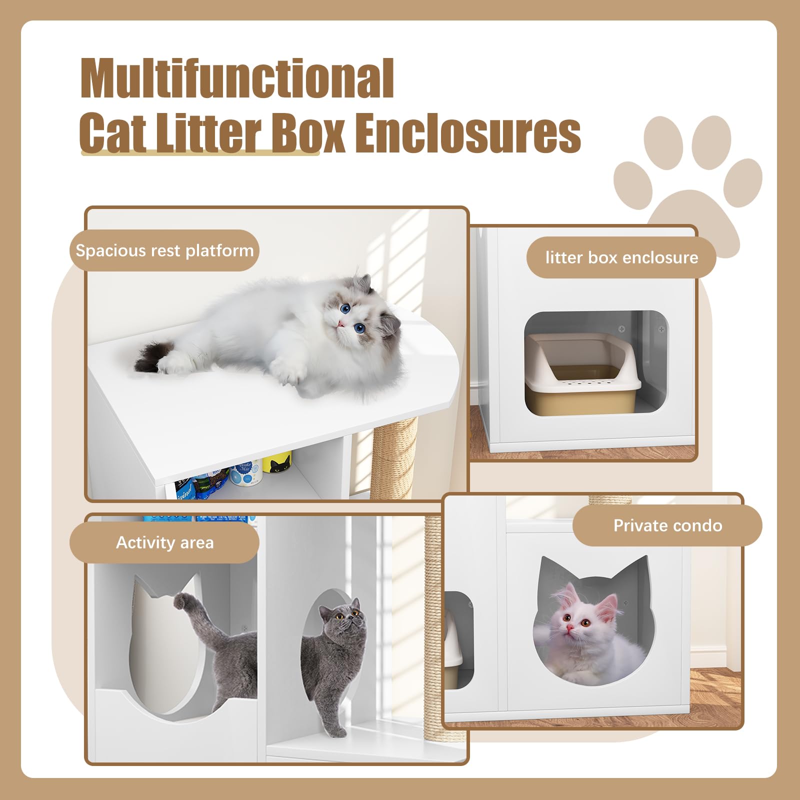 White Wooden Cat House with Scratching Post - Indoor Cat Furniture for Play & Rest