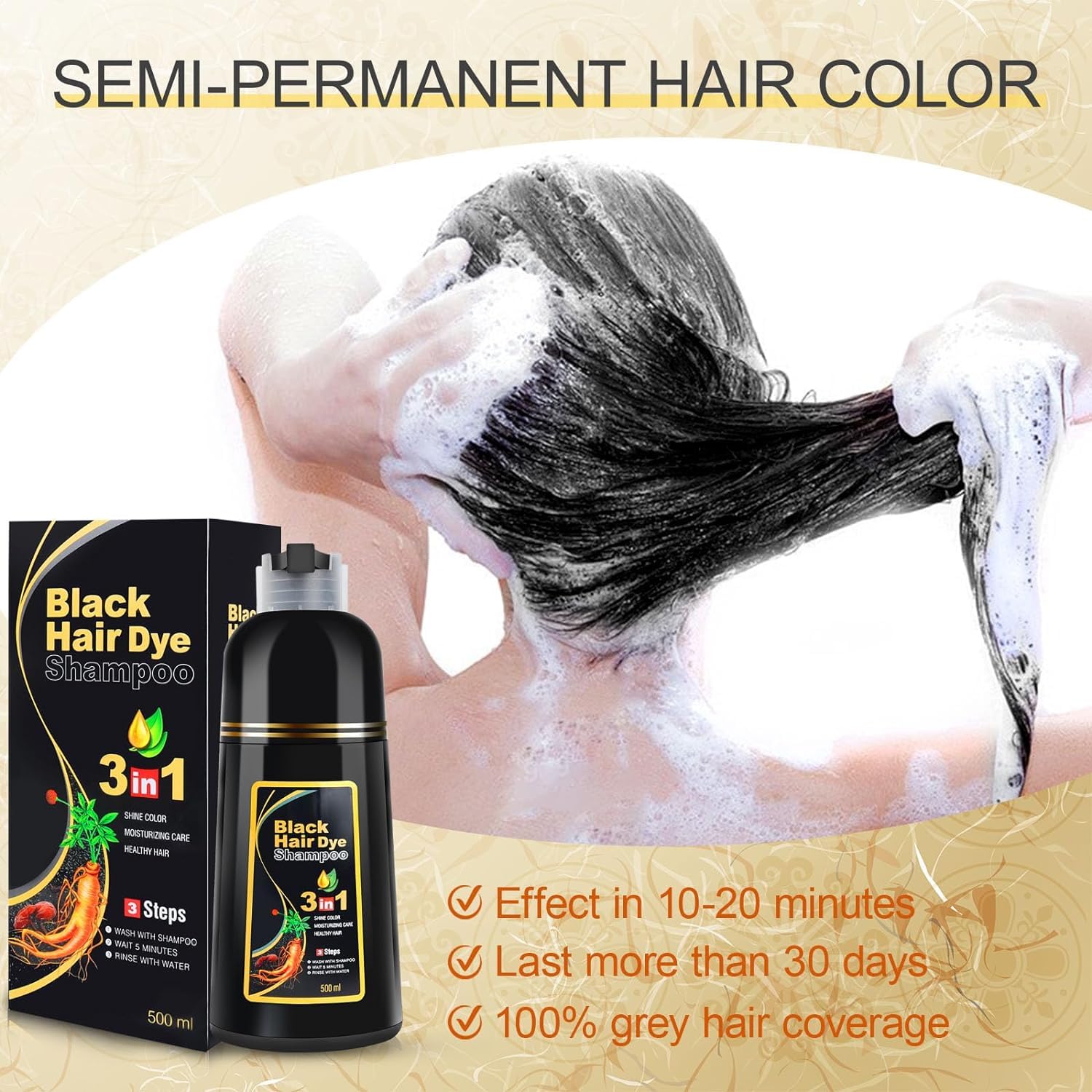 Lobe Miracle Herbal 3-in-1 Instant Black Hair Dye Shampoo for Women & Men - 500ml Natural Gray Hair Coverage in 15-20 Minutes | Herbal Hair Color Treatment for Quick Root Touch-Up & Full Head Coloring at Home