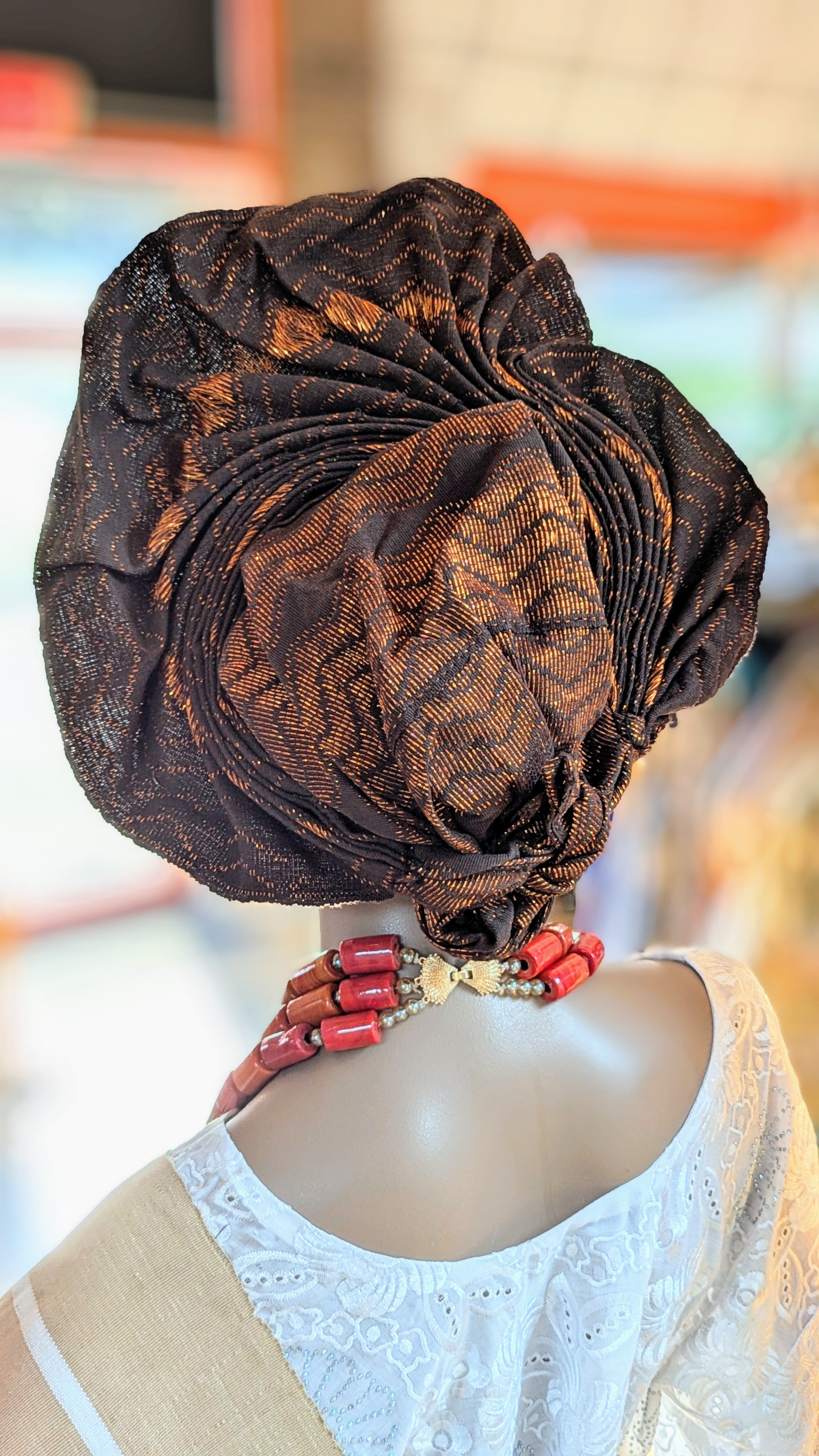 Dupsie's Zainabu Iridescent Brown Aso Oke Ready Gele - Pre-Tied African Head Wrap Hat for Women | Perfect for Weddings, Church, Parties & Special Occasions