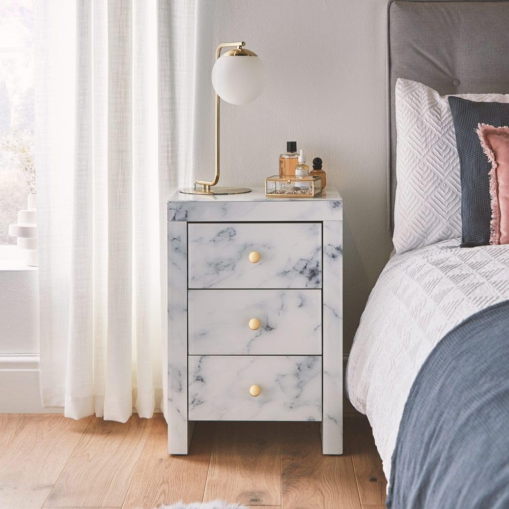 Glass Three-Drawer Nightstand - Stylish White Marble Textured Tempered Glass Bedside Table with Golden Metal Handle | Modern Bedroom Furniture for Small Spaces & Apartment Living