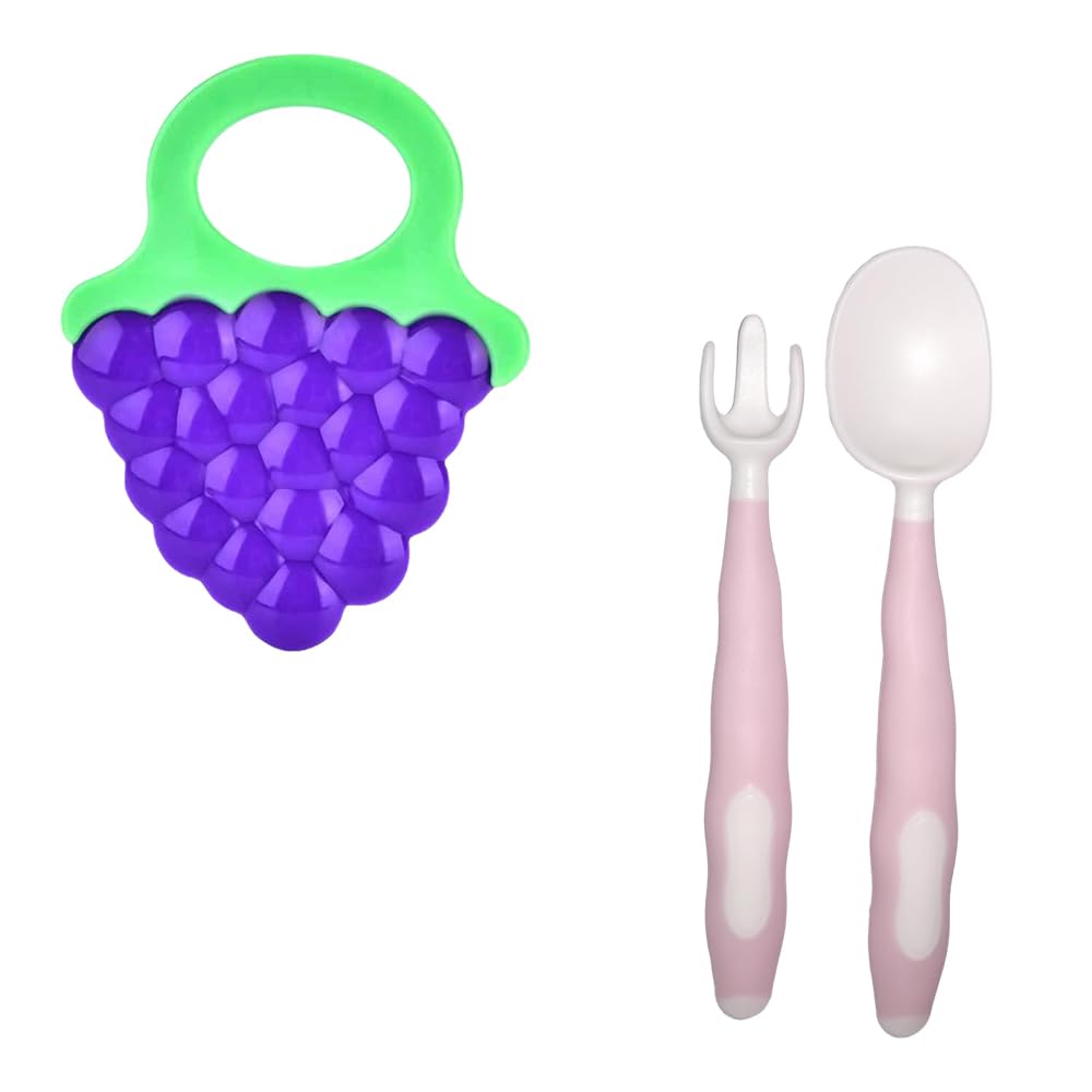 Kritiu Fruits Teether & Spoons Set - BPA-Free Silicone Baby Feeding Utensils for Infants 6+ Months | Soft, Safe & Non-Toxic | Perfect for Baby-Led Weaning & First Foods (Blue-Grapes & Baby Pink) | Ideal for Home, Travel & Daycare Use
