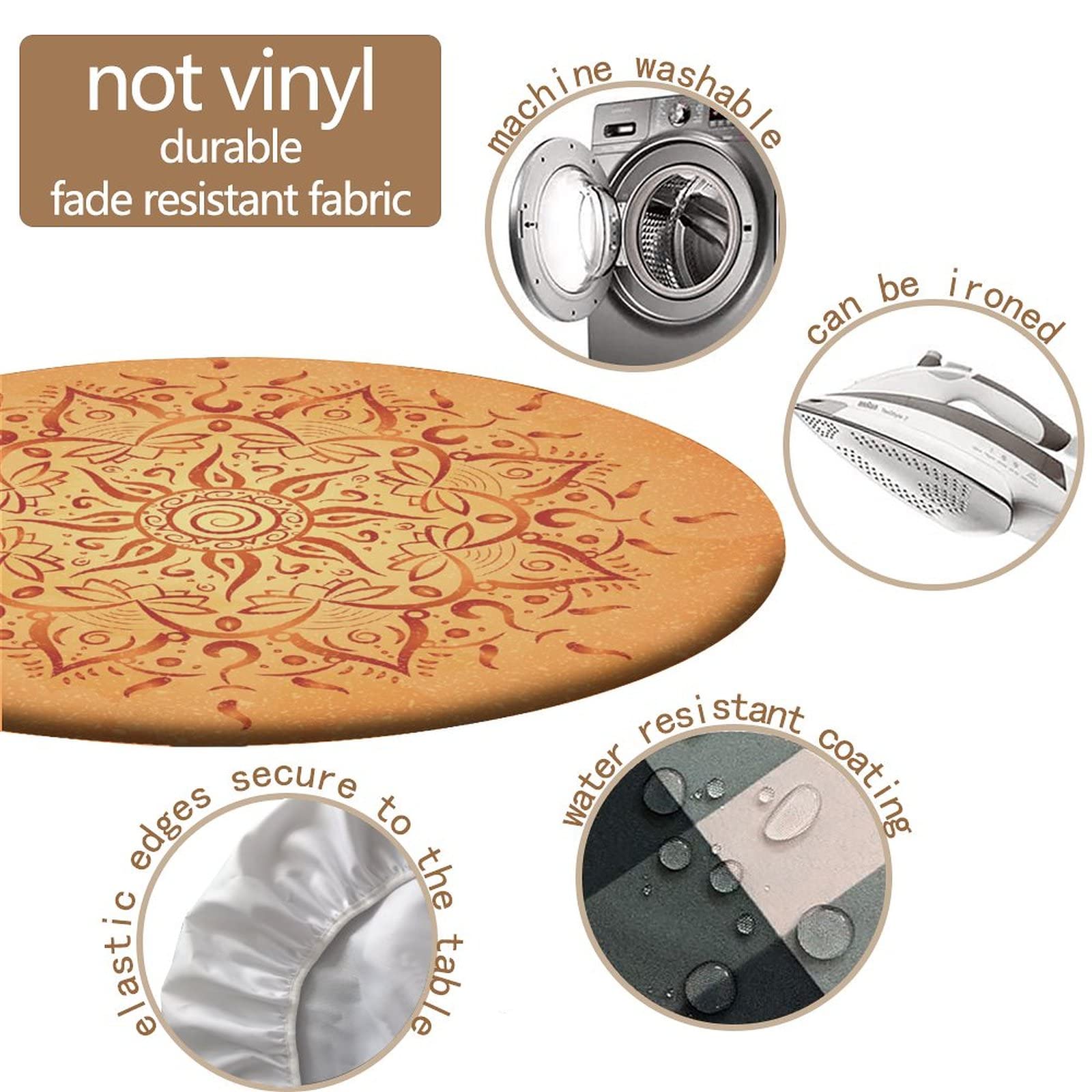 Boho Round Tablecloth - Elastic Edged Fitted Cover for 24 Inch Tables - Waterproof, Oil Proof & Stain Resistant - Orange - Perfect for Outdoor Dining, Picnics & Boho Home Decor