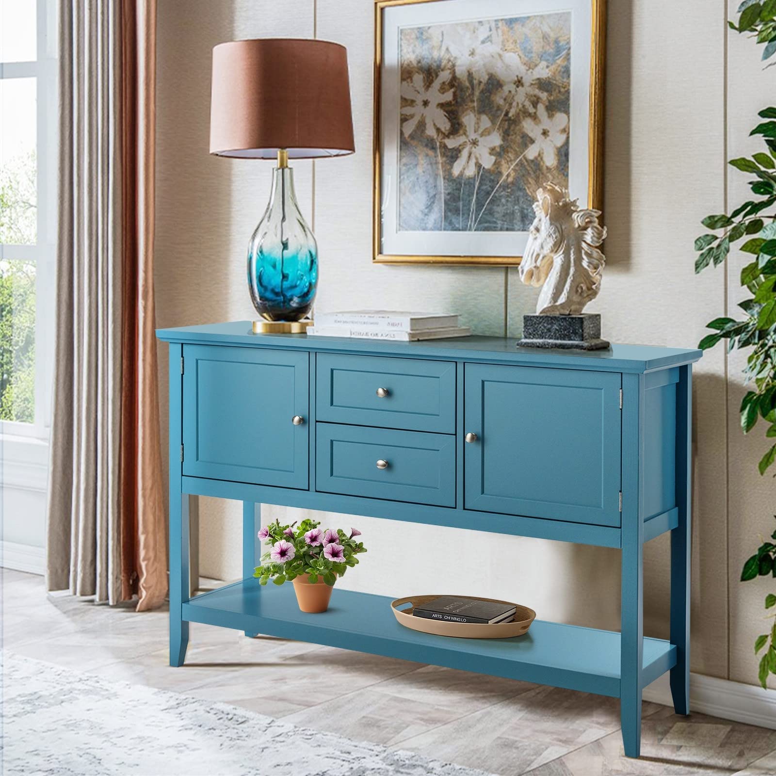 Moccha Buffet Sideboard - Wooden Console Table with 2 Drawers & 2 Storage Cabinets, Bottom Shelf - Perfect for Living Room, Kitchen, Dining Room & Hallway Decor (Aqua Blue) - Ideal for Entertaining, Storage & Home Organization