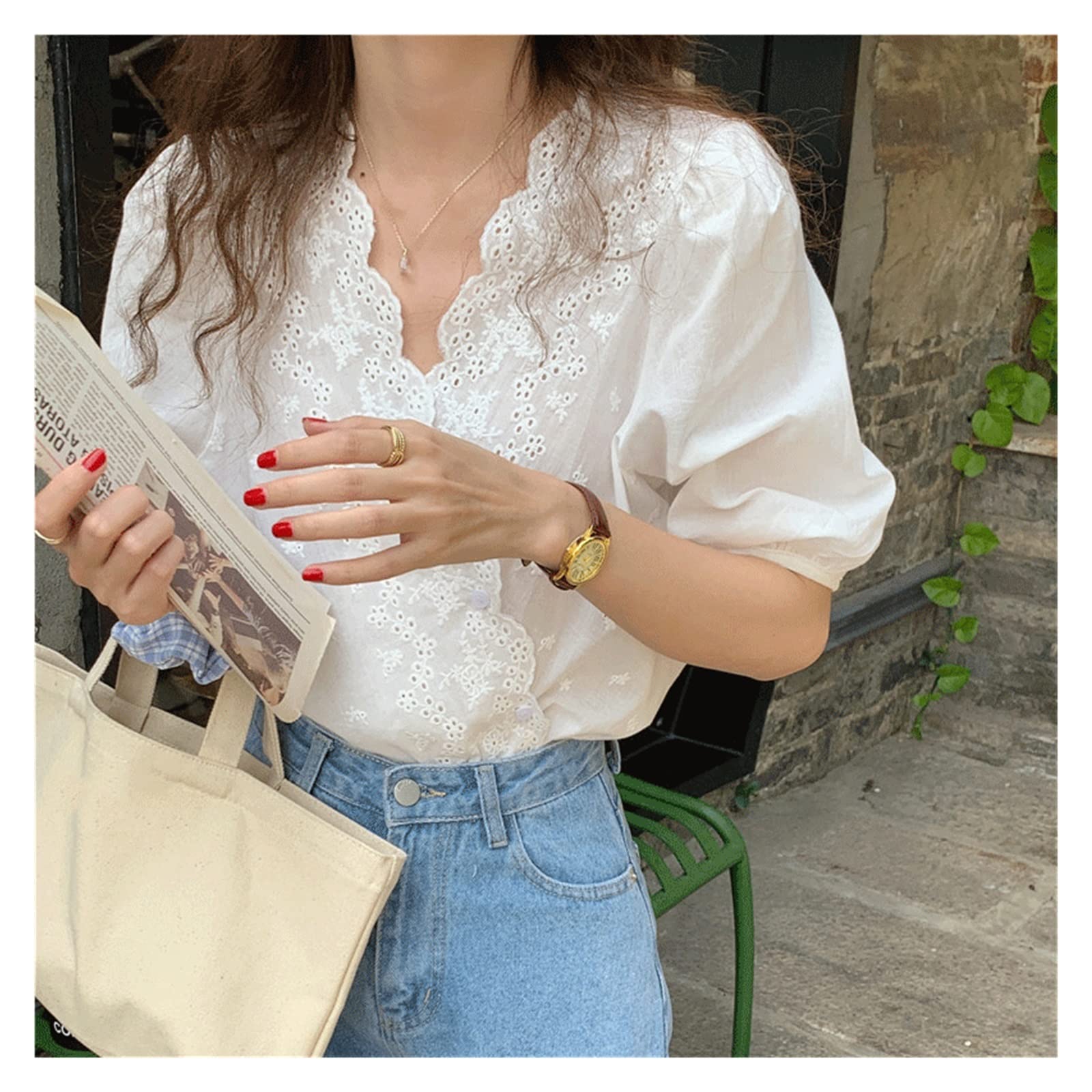 Women's White Cotton V-Neck Lace Embroidered Puff Sleeve Blouse - Casual Short Sleeve Top for Summer, Party & Office Wear (One Size)