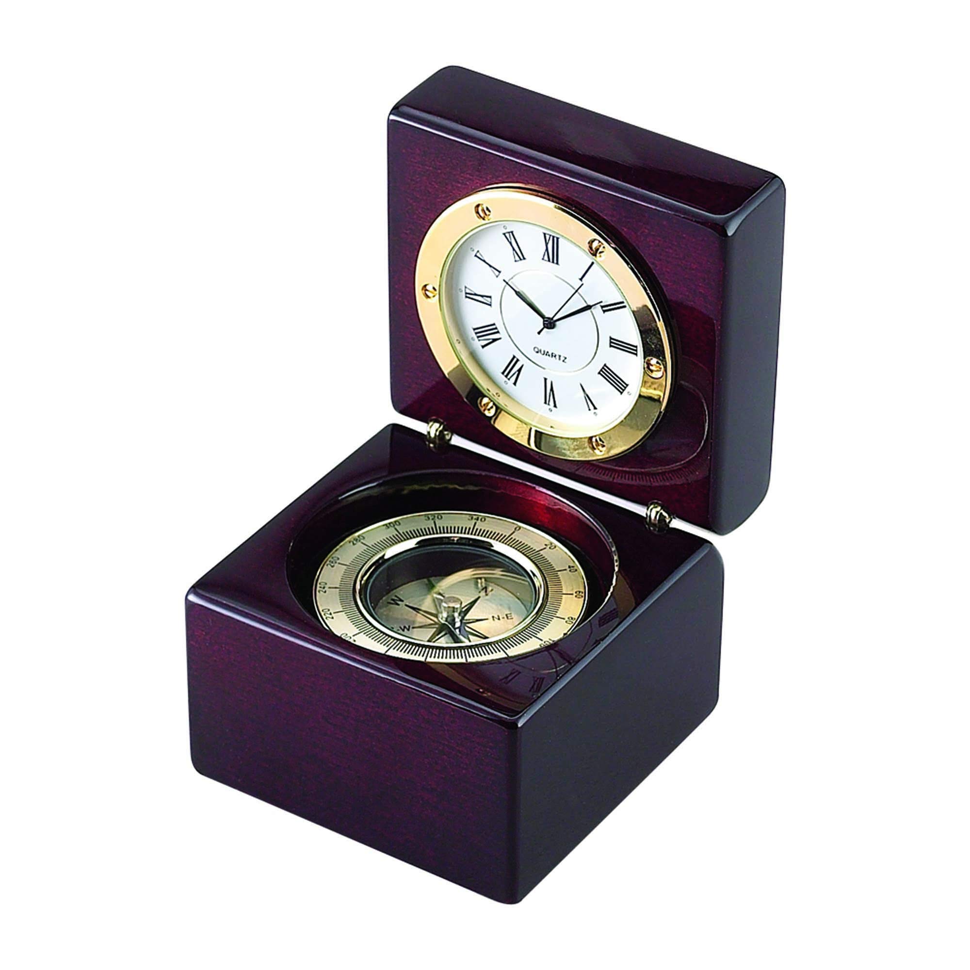 2.875 Inch Wooden Square Box with Clock and Compass - Contemporary Home Decor for Living Room, Bedroom & Office | Vintage Style Storage Organizer for Jewelry, Keys and Small Treasures