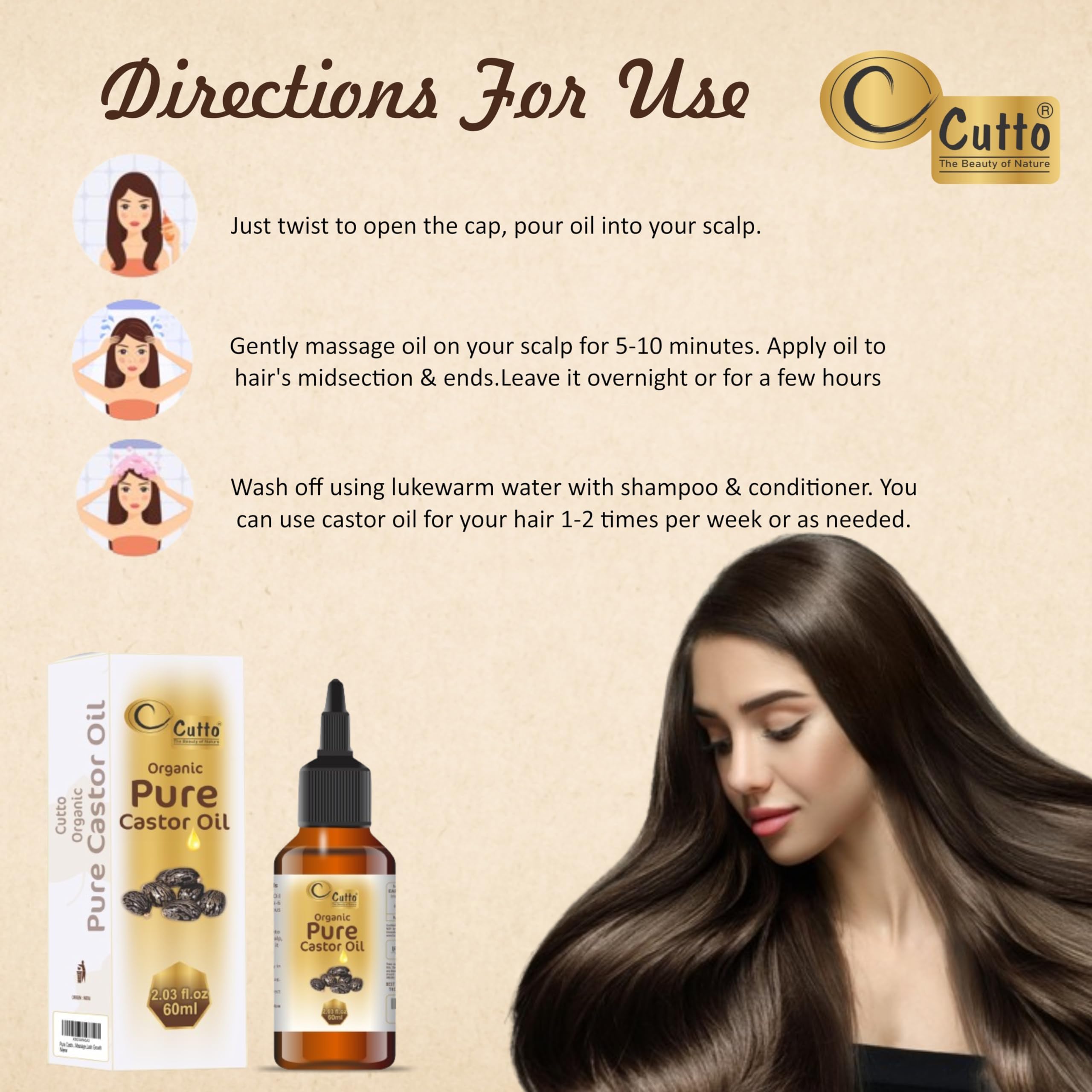 Organic Pure Cold-Pressed Castor Oil (60ml) - Hexane-Free, Non-GMO, Unrefined for Hair Growth, Eyelash & Eyebrow Enhancement, Dry Skin Moisturizer & Massage Oil | Natural Remedy for Scalp Care, Skin Healing & DIY Beauty Treatments