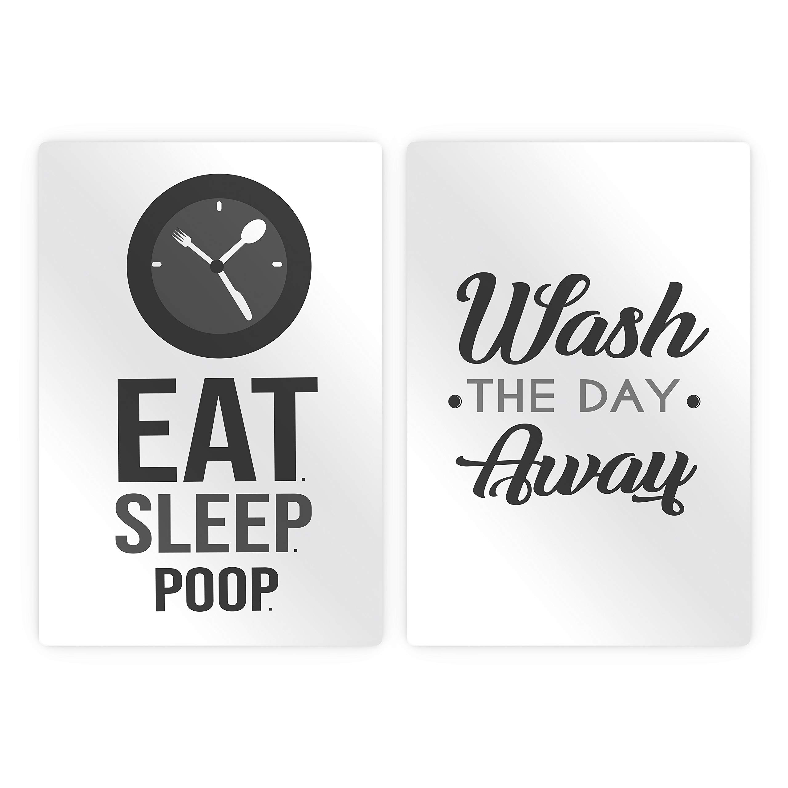 HB Art Design 'Eat Sleep Poop Wash The Day Away' Funny Quote 2-Panel Metal Print Set - Farmhouse Bathroom Wall Art Decor, Toilet Sign Gift (17x11 Inches, Set of 2) - Perfect for Bathroom, Powder Room, or Laundry Room Humorous Decor