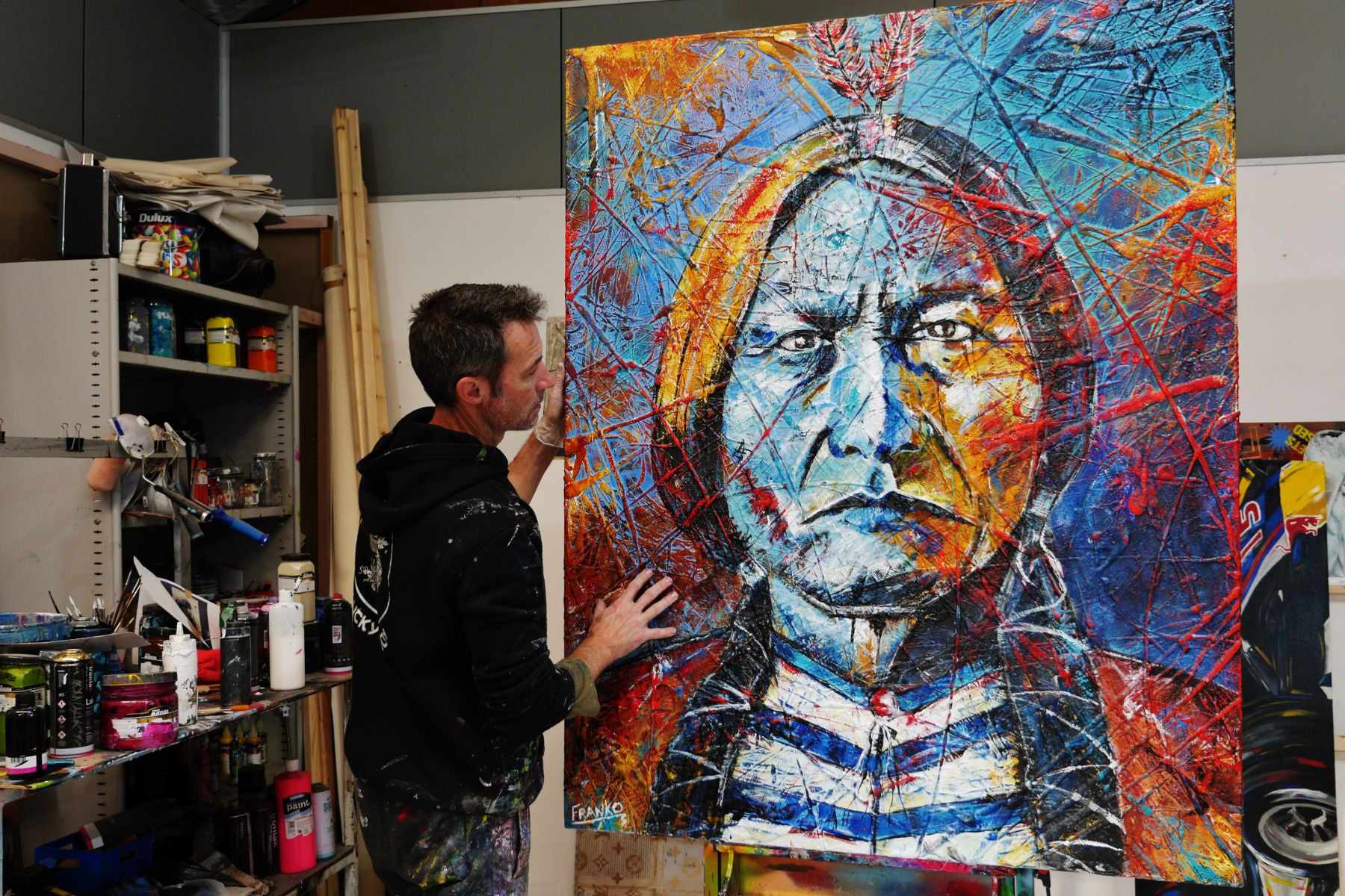 Raging Bull 120cm x 150cm Abstract Realism Painting of Sitting Bull Indian Chief - Urban Pop Art Wall Decor for Living Room, Office & Bedroom