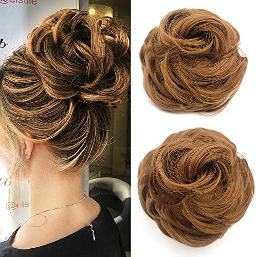 2Pcs Light Brown Curly Bun Hair Extensions - Clip-in Chignon Ponytail for Short Messy Updo | Natural Drawstring Hairpieces for Women | Perfect for Cosplay, Weddings & Daily Styling