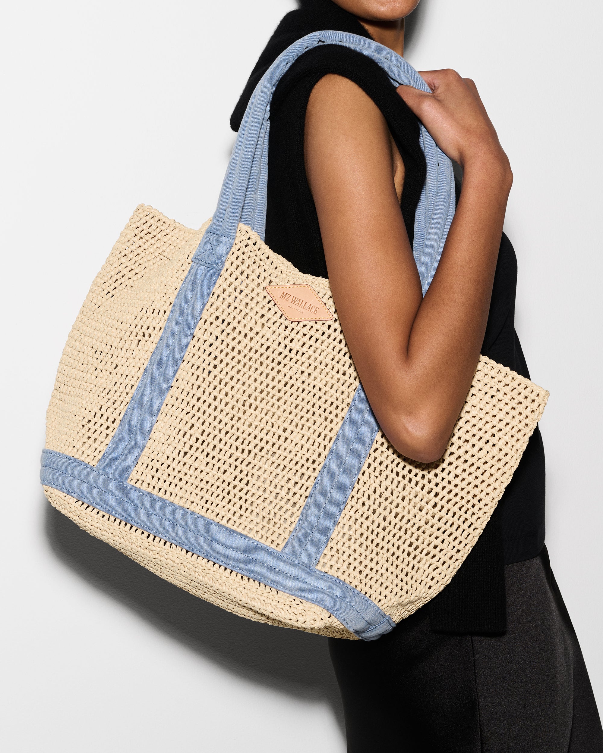 Crochet and Light Denim Medium Tote Bag - Stylish Handmade Beach Bag for Women, Perfect for Shopping, Travel, and Summer Outings