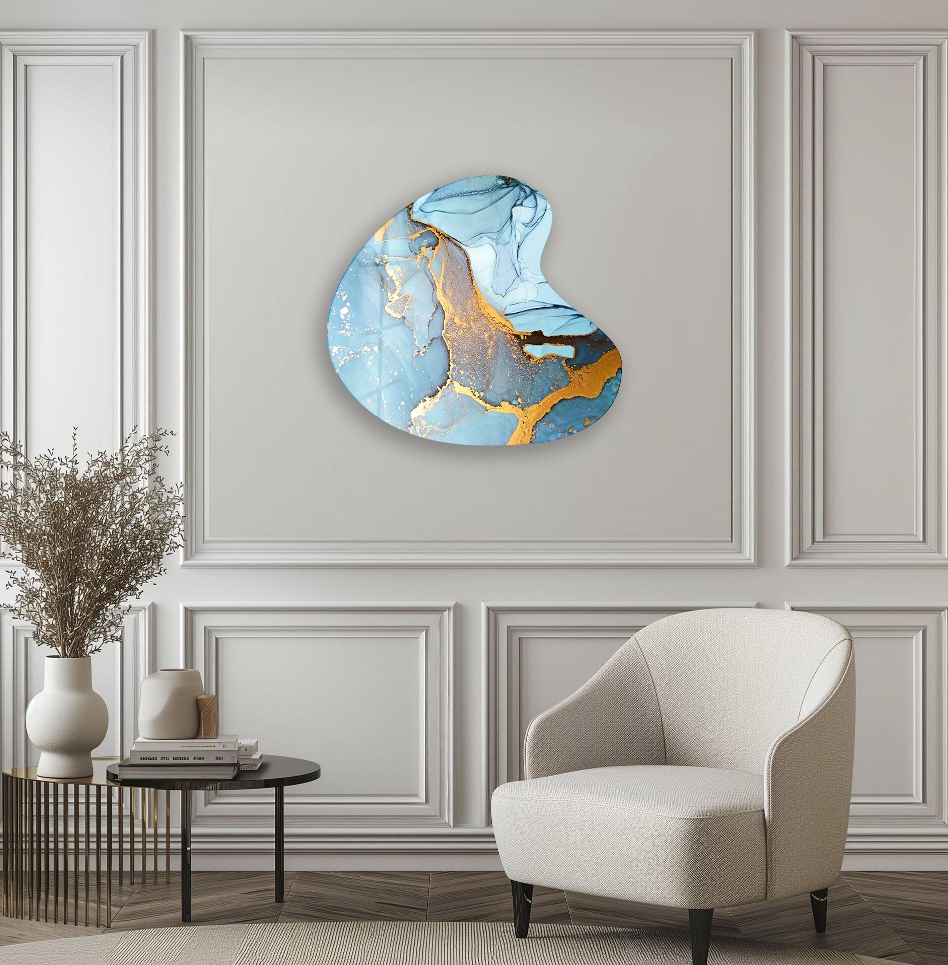Blue Alcohol Ink Abstract Glass Wall Art - Handmade Irregular Modern Decor for Living Room, Bedroom & Office