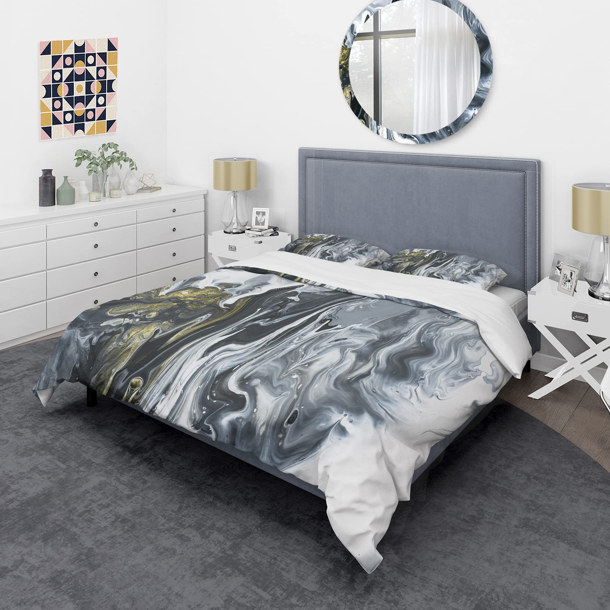 DesignQ Hand-Painted Marble Acrylic Duvet Cover Set - Mid-Century Modern Style in White & Grey | Perfect for Bedroom Decor, Guest Room & Luxury Hotel Styling