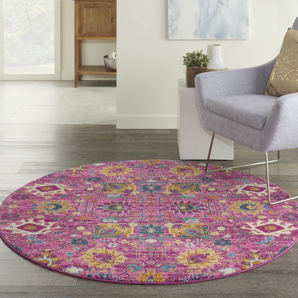 HomeRoots 100% Polypropylene 5-Foot Round Fuchsia & Orange Distressed Area Rug - Soft Boho Chic Floor Mat for Living Room, Bedroom & Dorm Decor