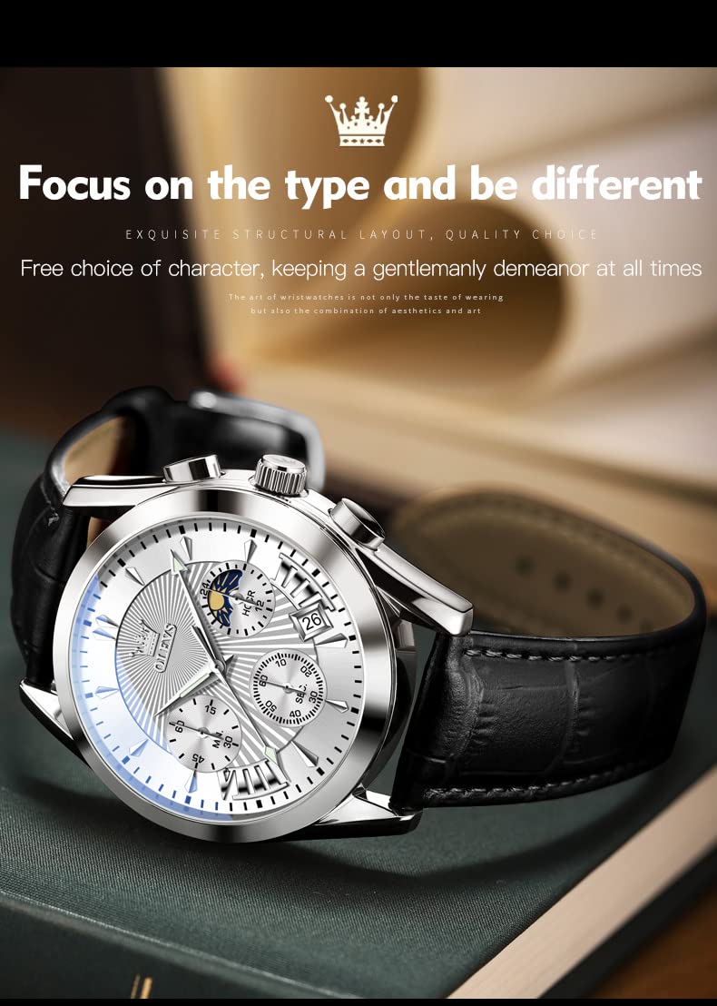 OLEVS Men's Chronograph Analog Quartz Watch - Waterproof, Luminous, Fashion Casual Dress Watch with Leather Strap - Black/Brown/White/Blue Dial Options (White Dial + Silver Case) - Perfect for Office, Business, Dating & Everyday Wear