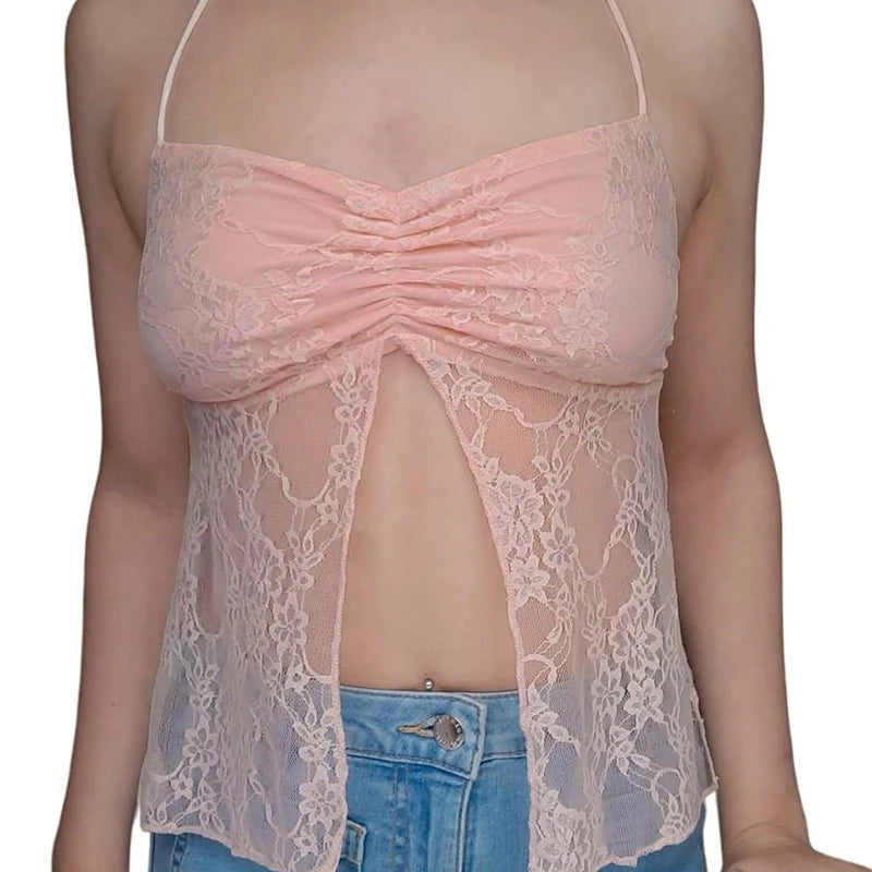 Sexy Pink Lace Backless Halter Top - Y2K Transparent Tie-Up Camisole for Summer & Party | Cute Coquette Style for Club, Date Night & Beach Outfits