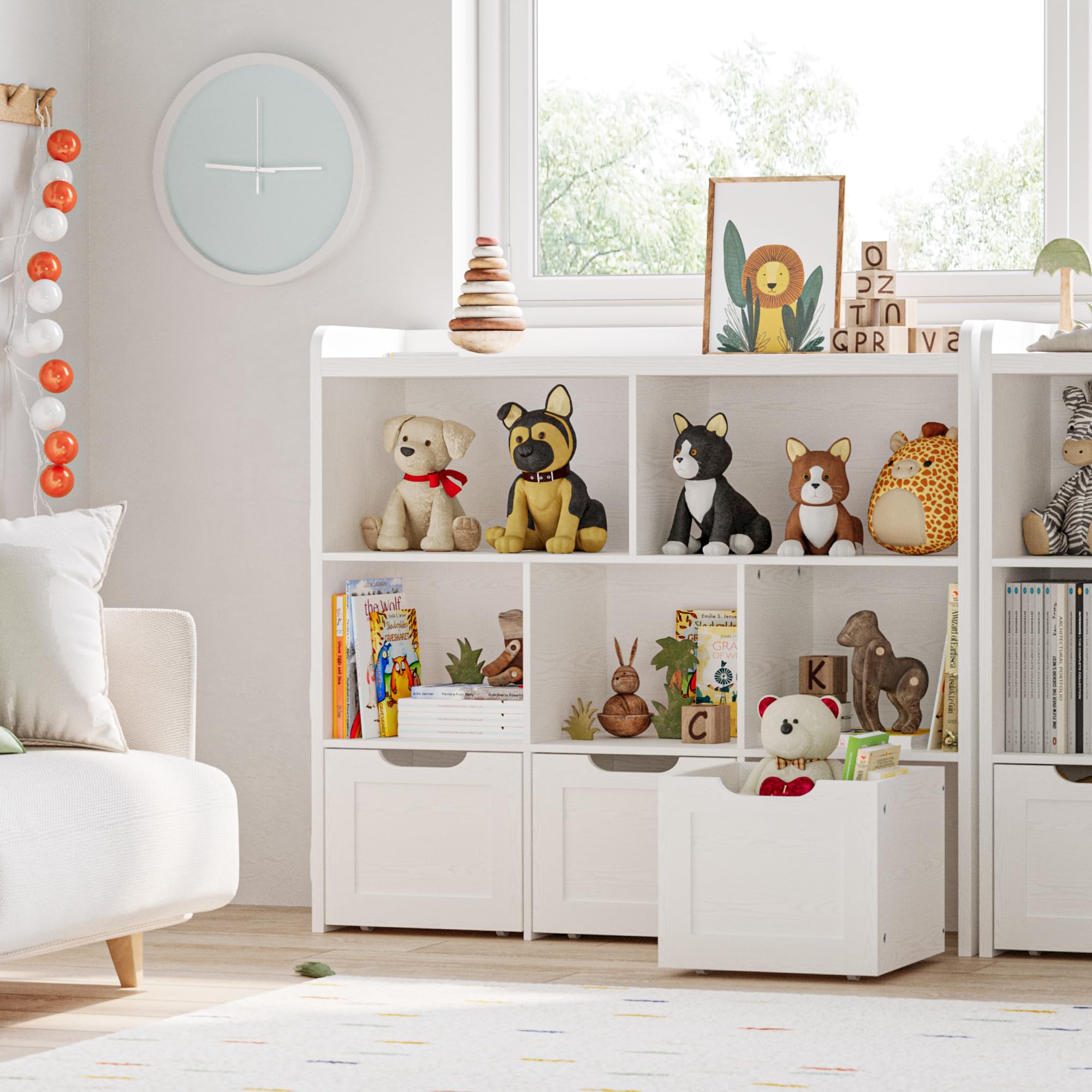IRONCK 3-Tier Toy Storage Organizer with Movable Drawers & 5 Cubbies - Multifunctional Kids Floor Cabinet for Toys, Books & Clothes - Perfect for Bedroom, Playroom & Nursery - White
